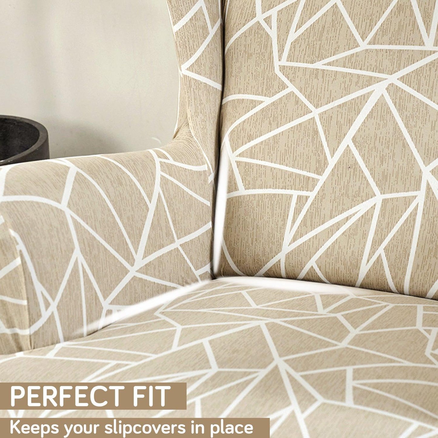 Beige Abstract Geometry Stretchable Chair Covers for Wingback Chairs