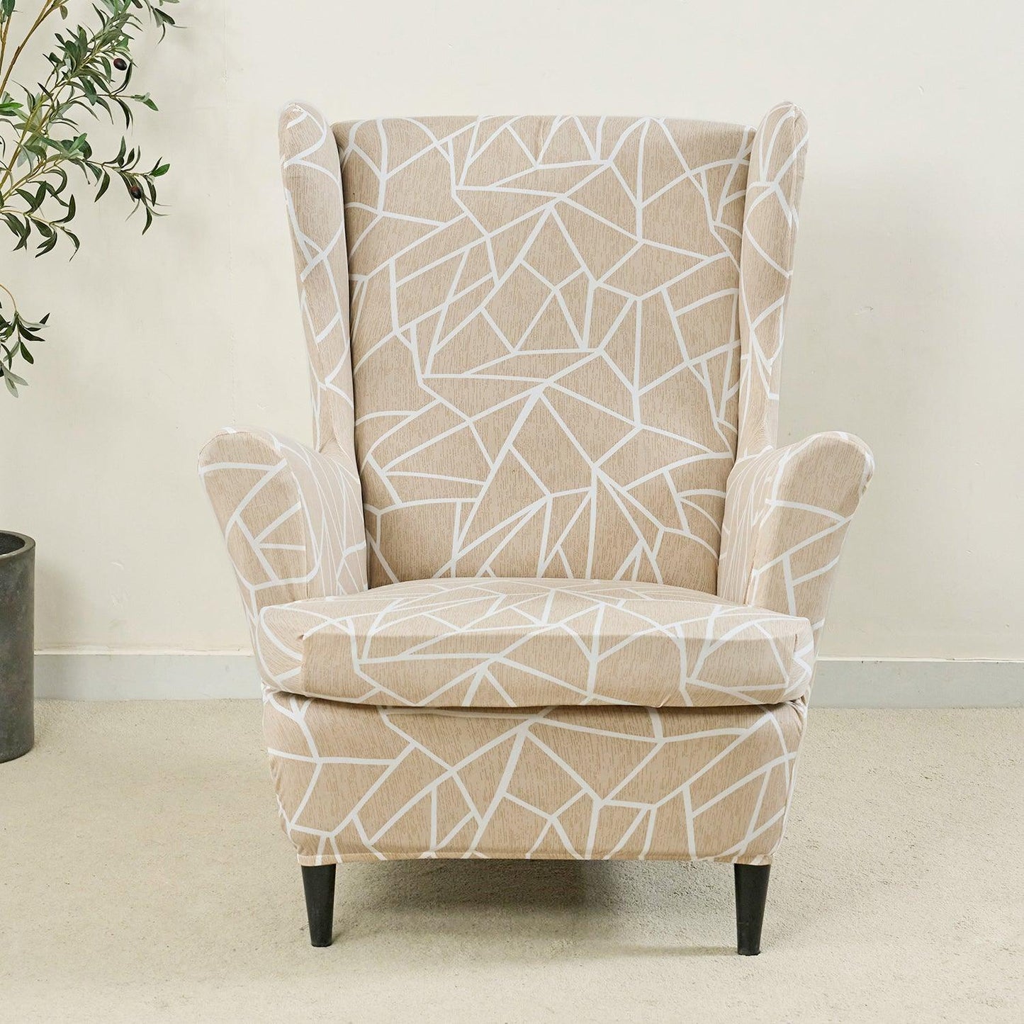 Beige Abstract Geometry Elastic Wing Chair Covers
