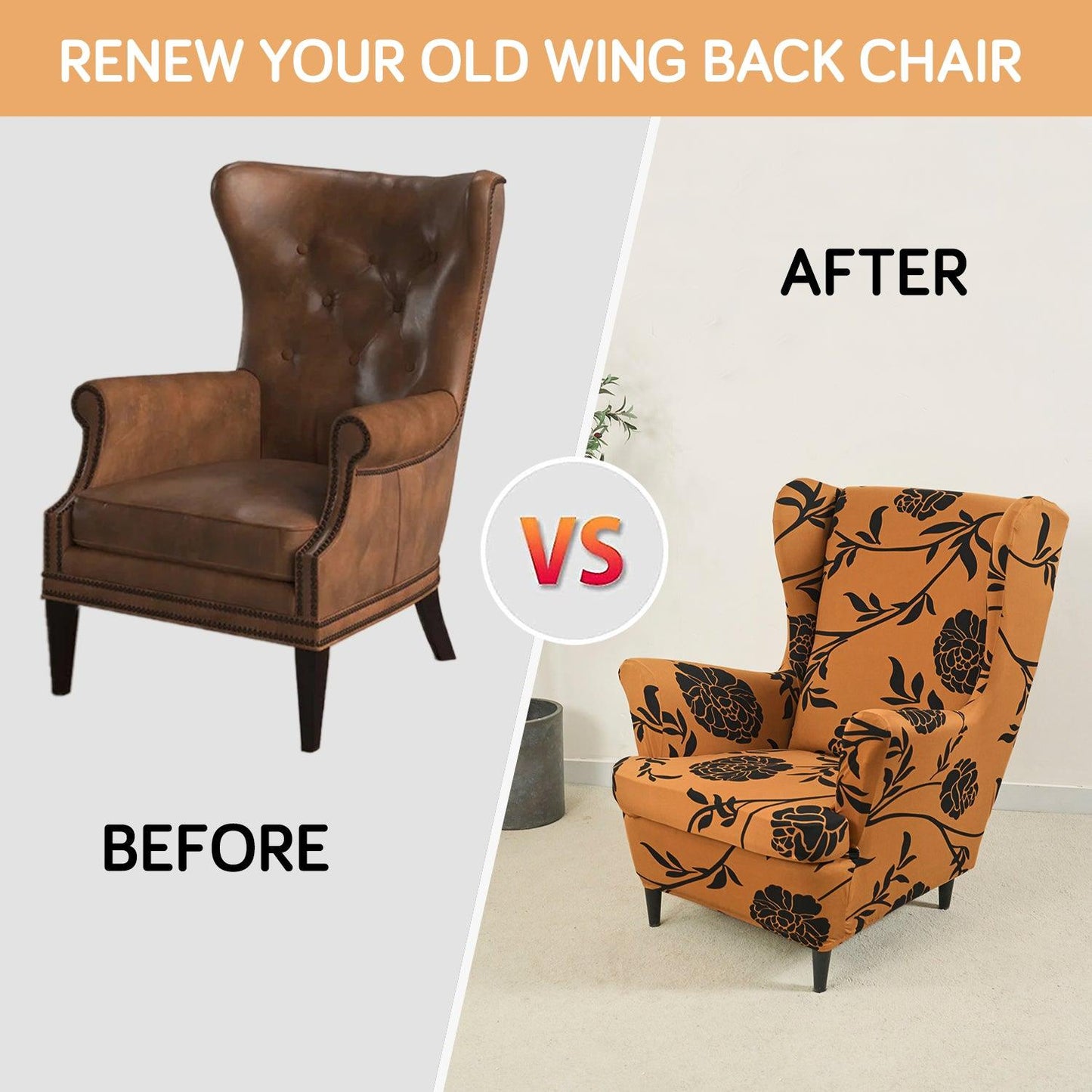 Copper Brown Floral Elastic Wing Chair Cover Suitable for the wing chairs in the image