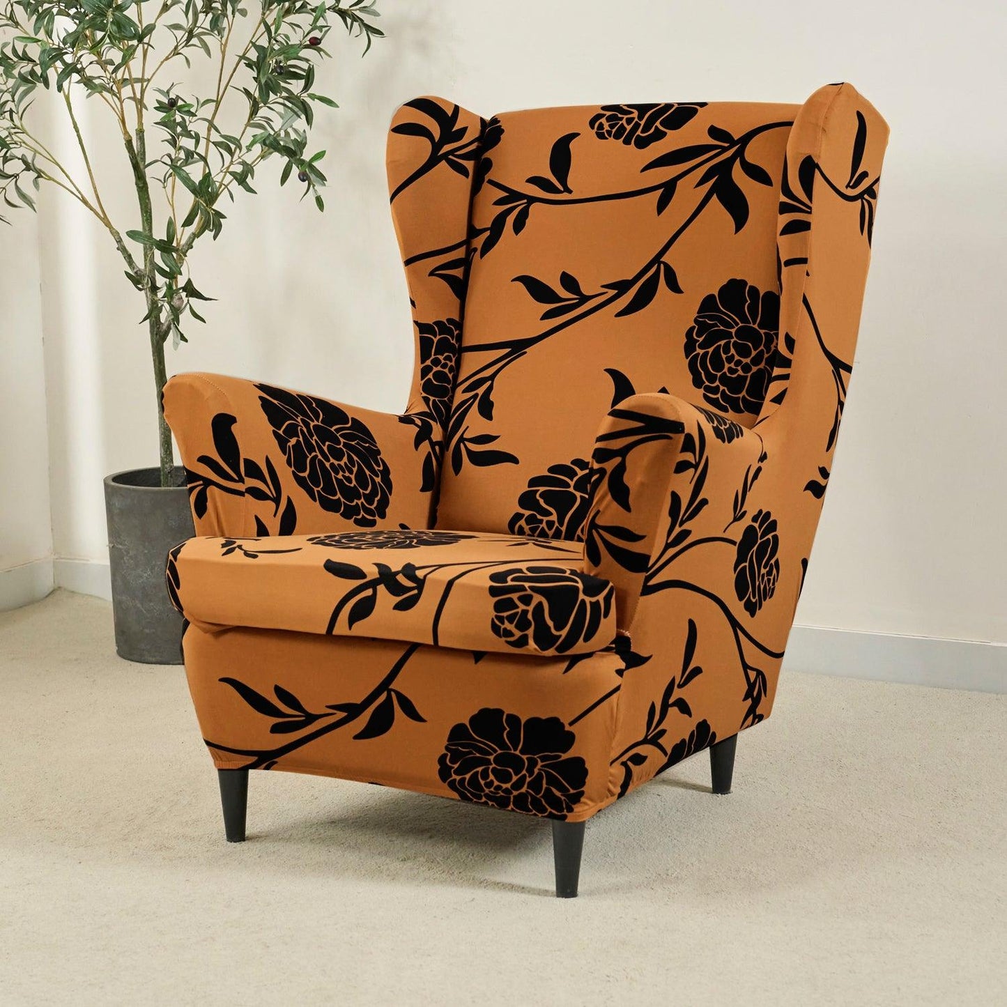 Stretchable 140 GSM Wing Chair Cover, Copper Brown Floral - HOKIPO | Har Ghar ka Humsafar