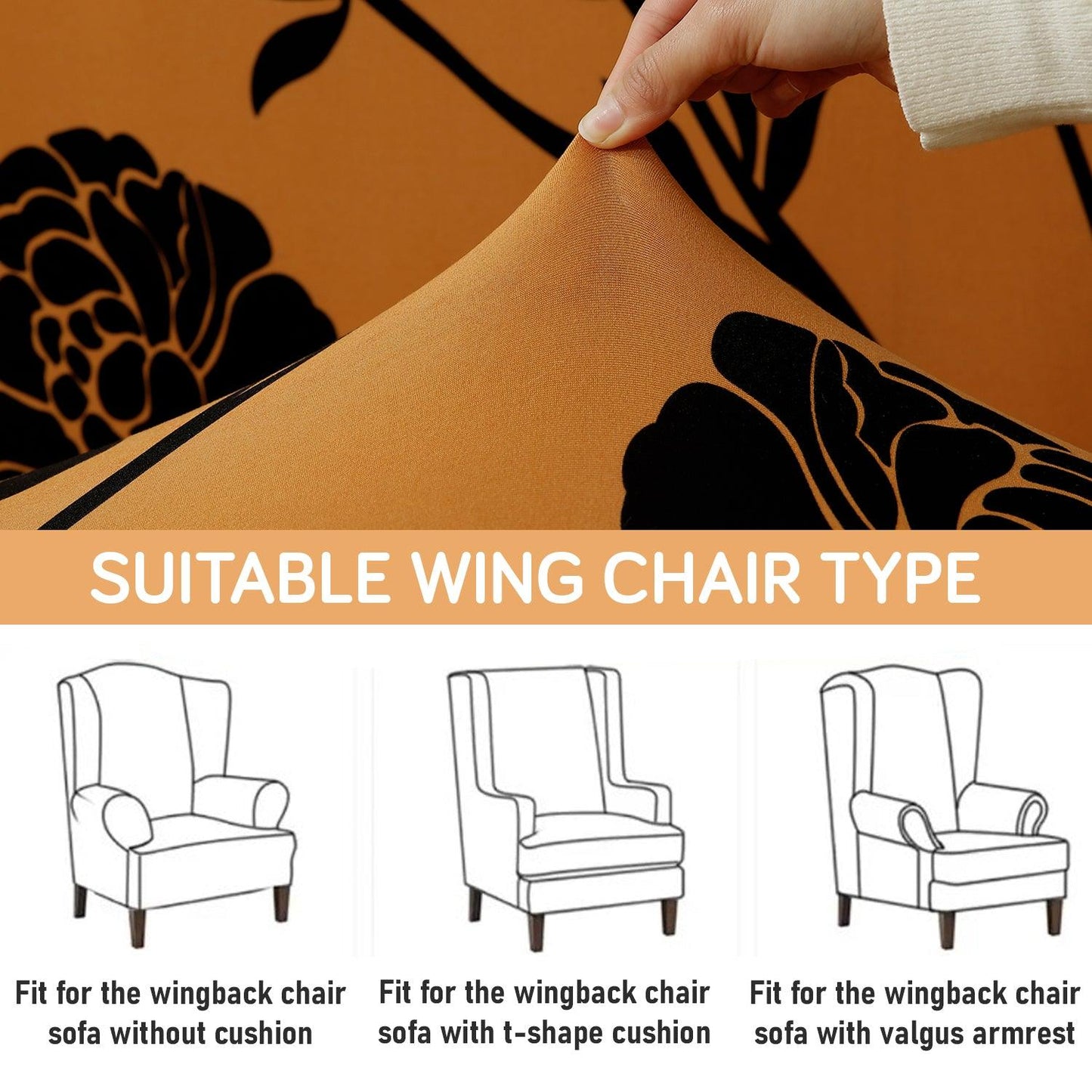 Copper Brown Floral Elastic Stretchable Chair Cover for Wingback Chair