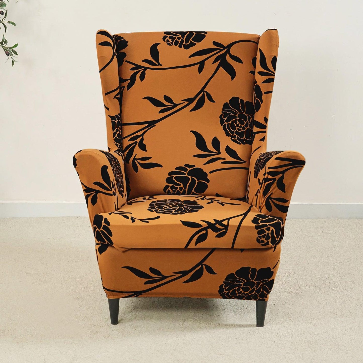 Copper Brown Floral Stretchable Chair Covers for Wingback Chairs