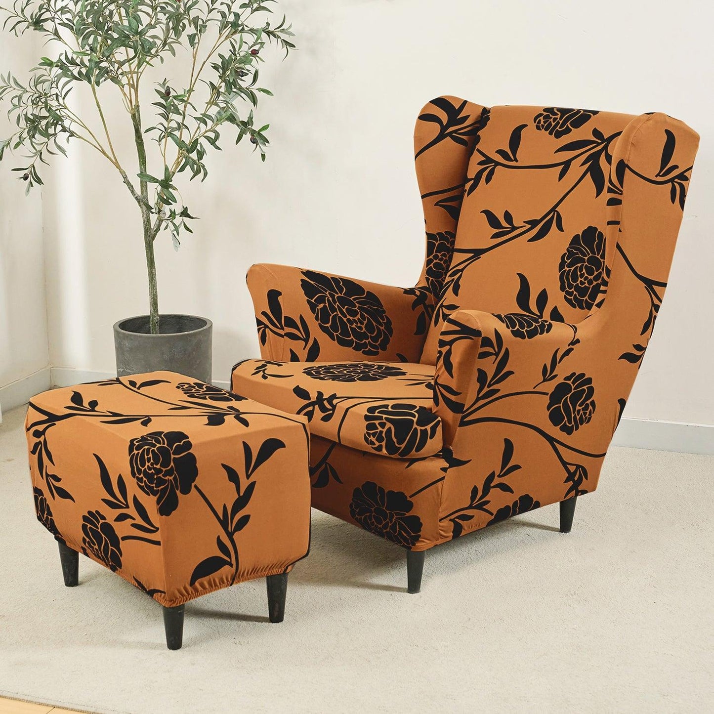 Buy Copper Brown Floral Stretchable Wingback Chair & Footstool Cover