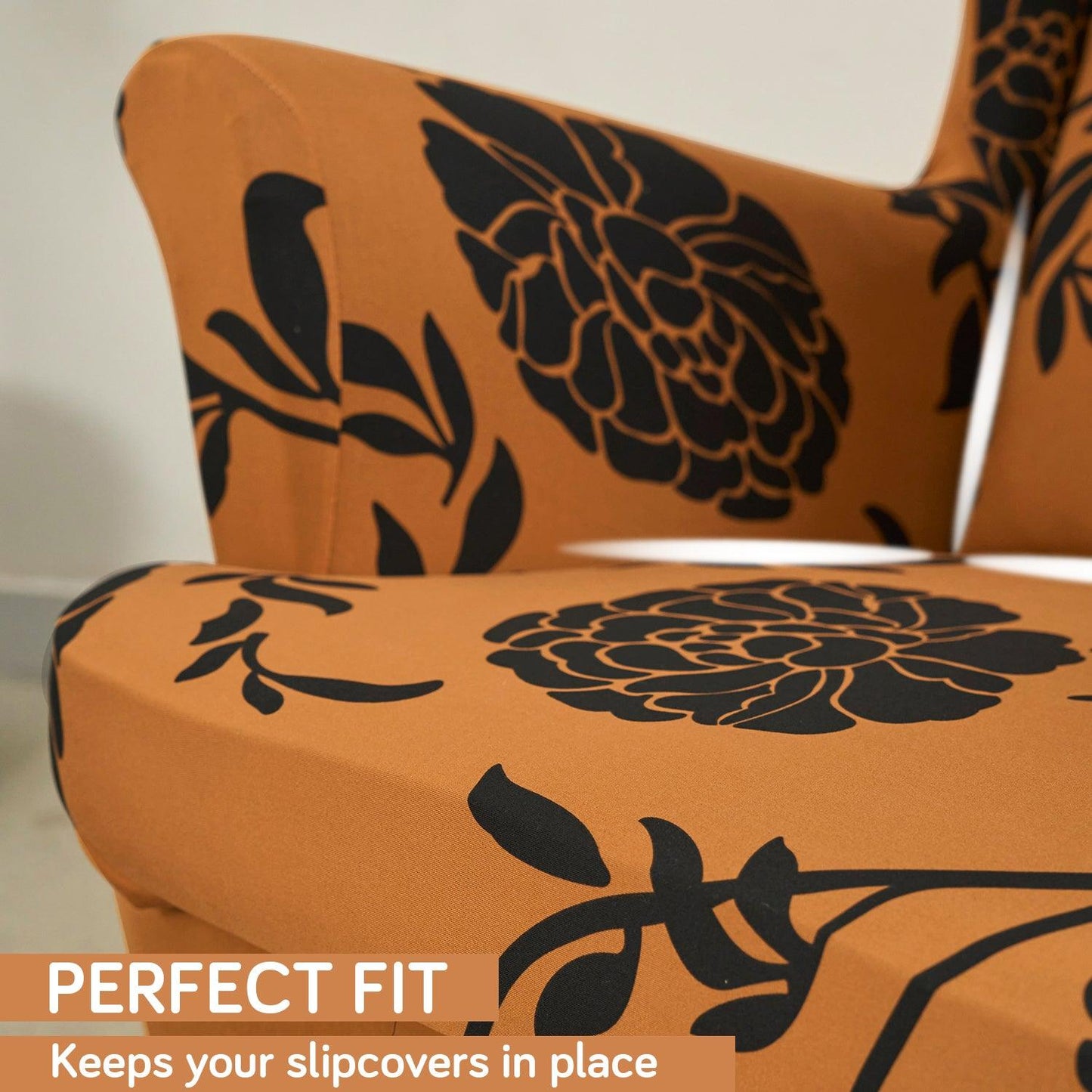 Copper Brown Floral Elastic Wing Chair Covers