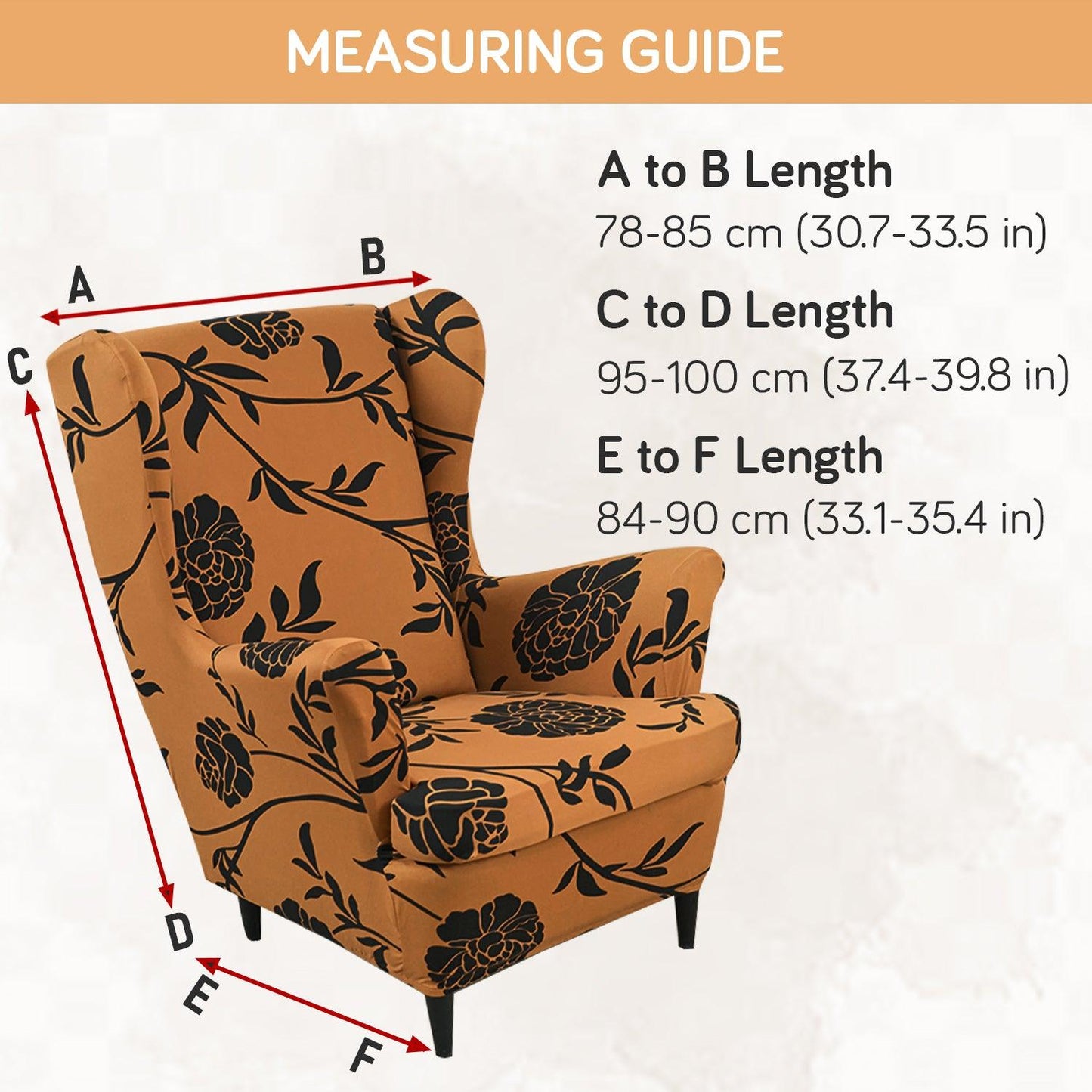 Copper Brown Floral Stretchable Chair Cover for Wingback Chair size guide