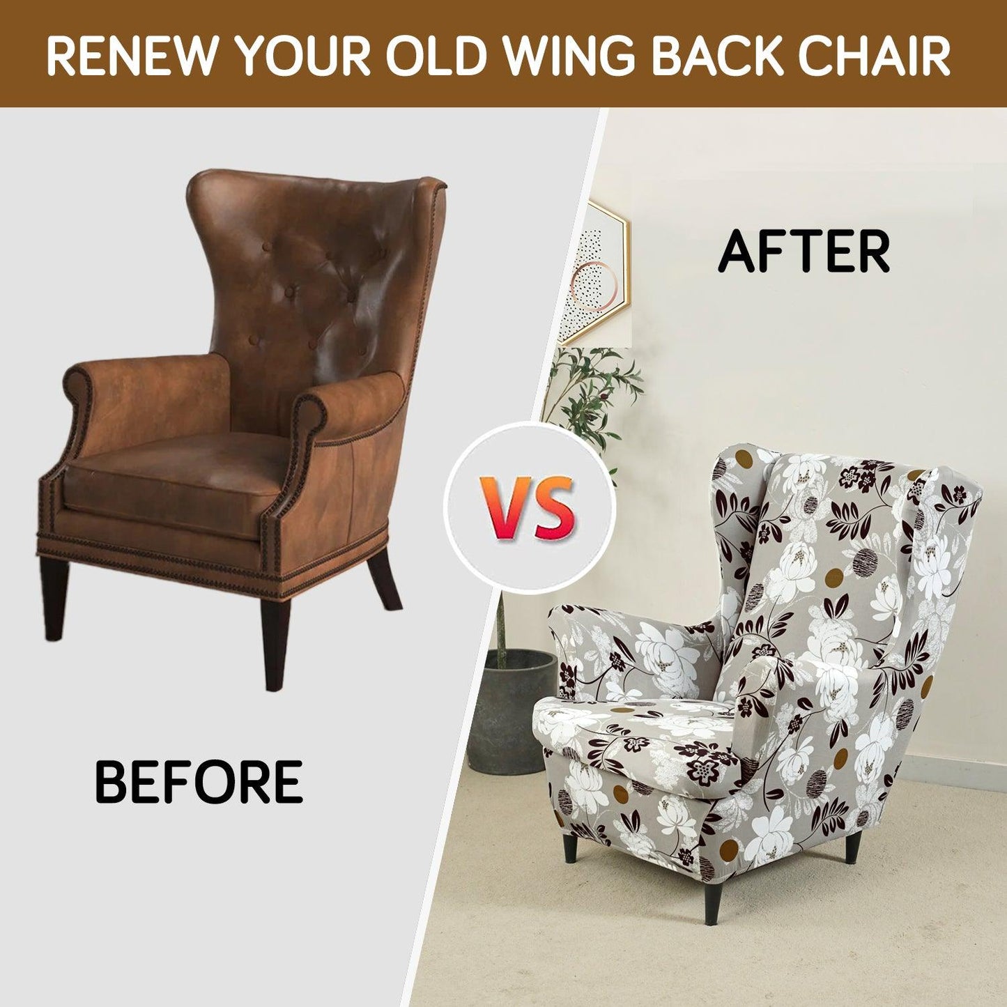 Feather Brown Floral stylish Elastic Wing Chair Cover