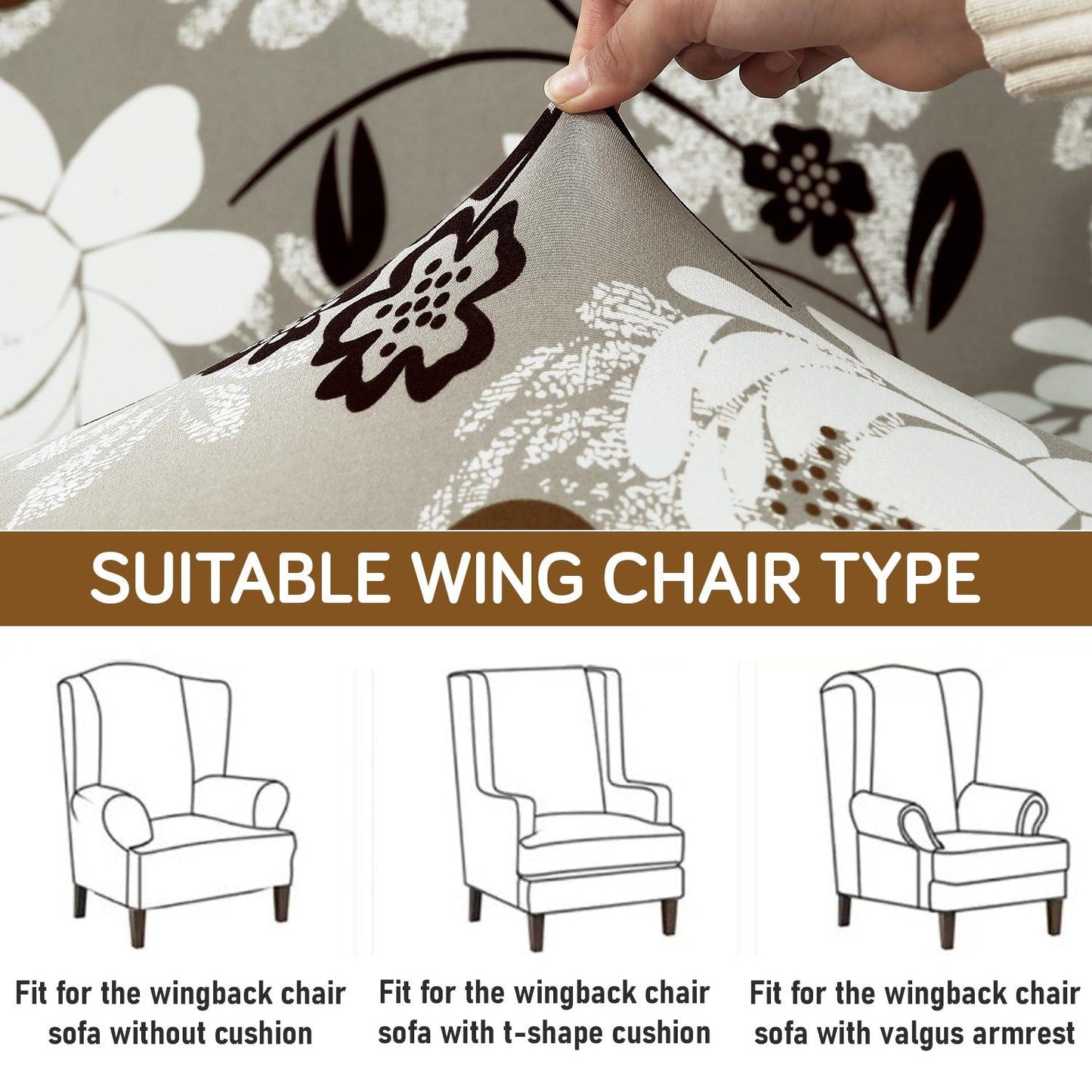 Stretchable 140 GSM Wing Chair Cover, Feather Brown Floral - HOKIPO | Har Ghar ka Humsafar
