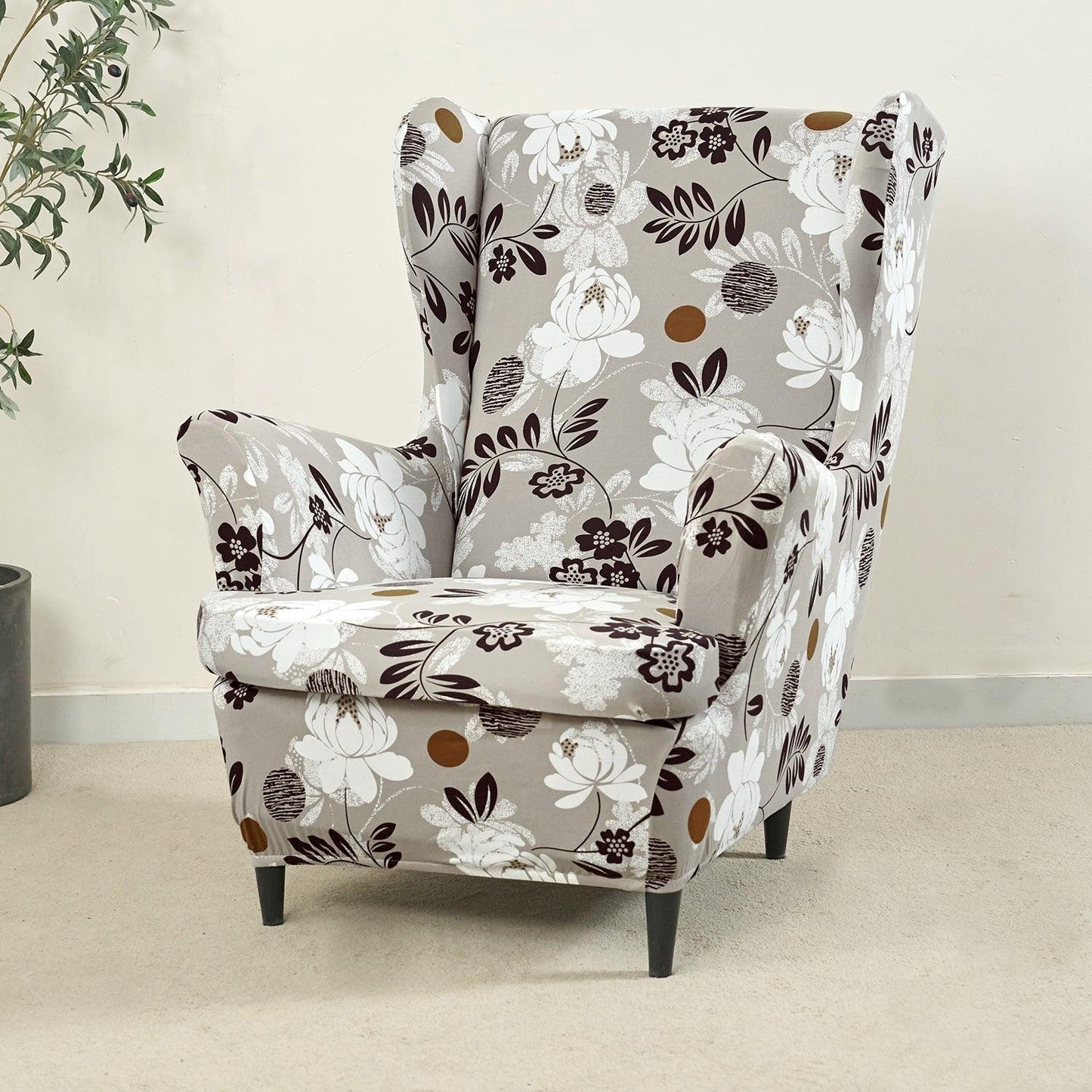 Stretchable 140 GSM Wing Chair Cover, Feather Brown Floral - HOKIPO | Har Ghar ka Humsafar