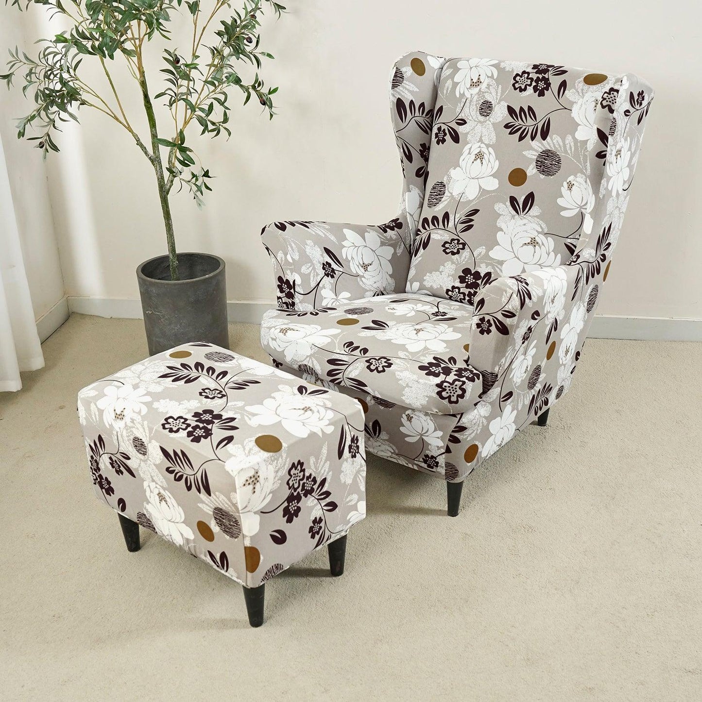 Buy Feather Brown Floral Stretchable Wingback Chair & Footstool Cover