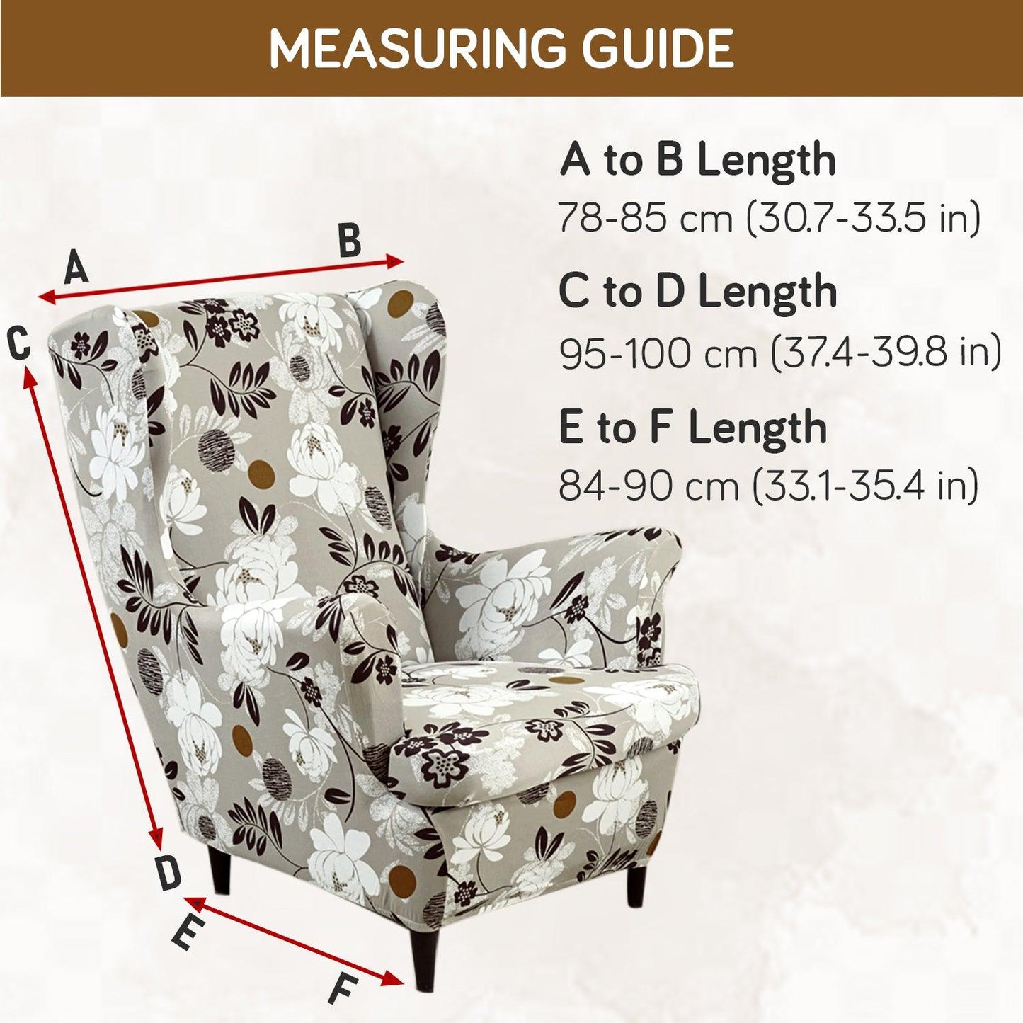 Feather Brown Floral Stretchable Chair Cover for Wingback Chair size guide