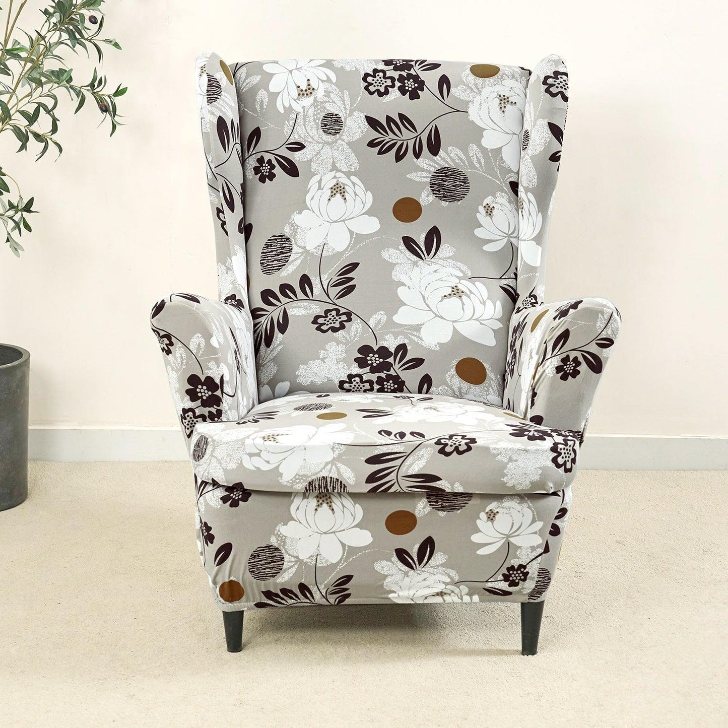 Feather Brown Floral Stretchable Chair Covers for Wingback Chairs