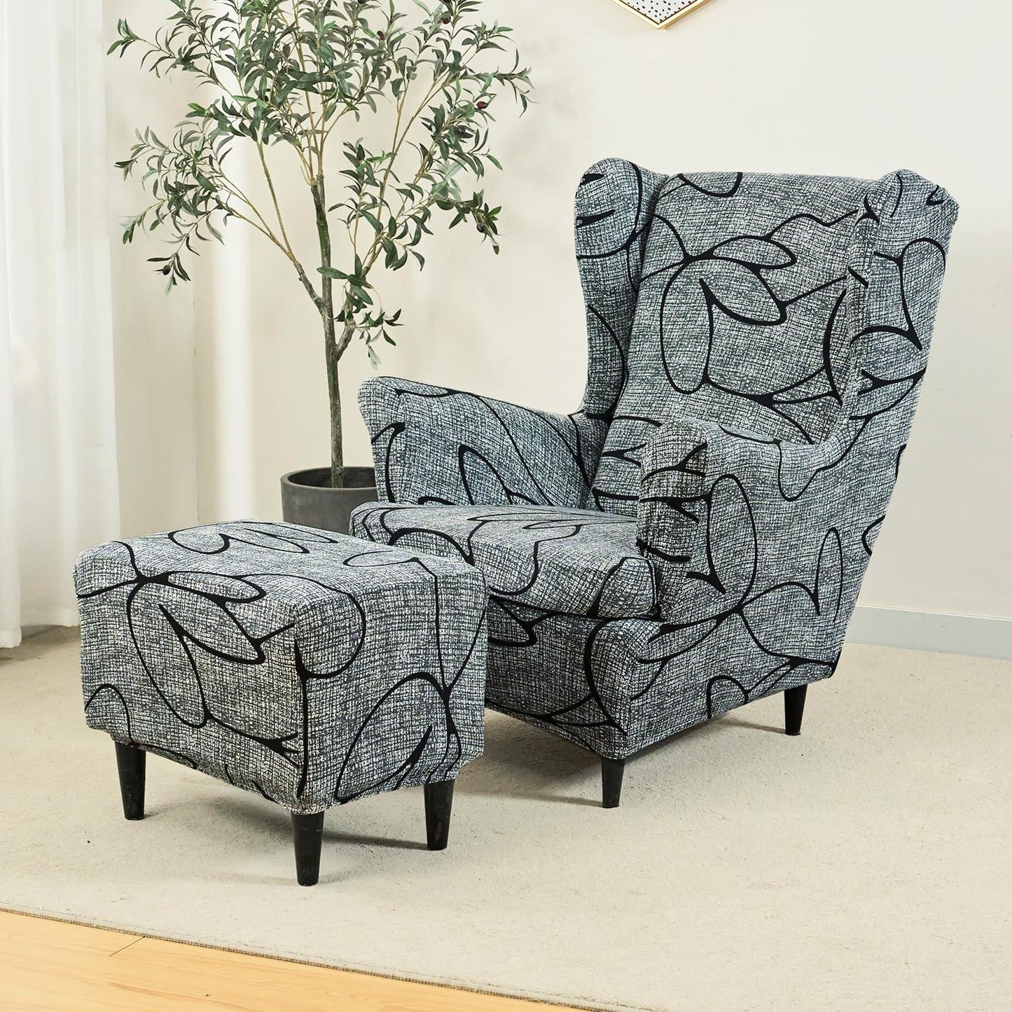 Buy Intense Grey Abstract Floral Stretchable Wingback Chair & Footstool Cover