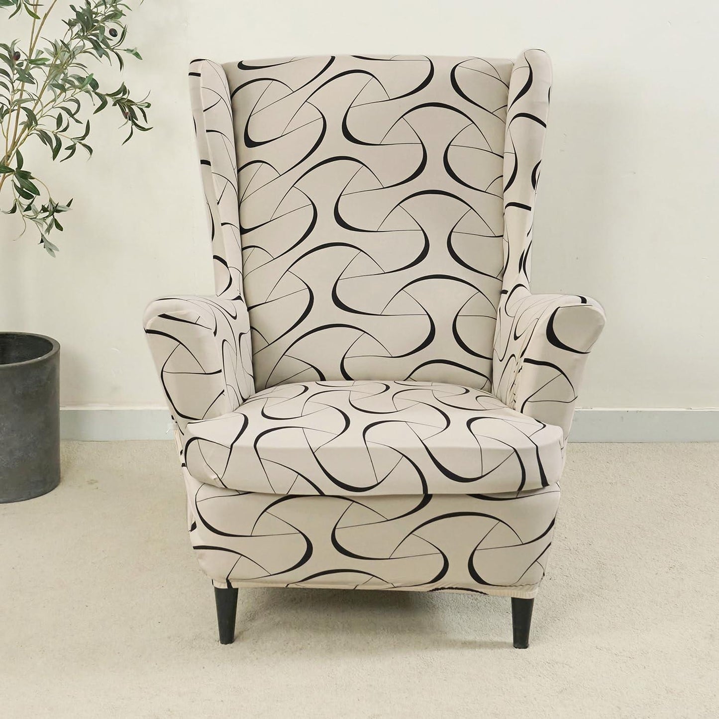 Natural Beige Abstract Art Elastic Wing Chair Cover