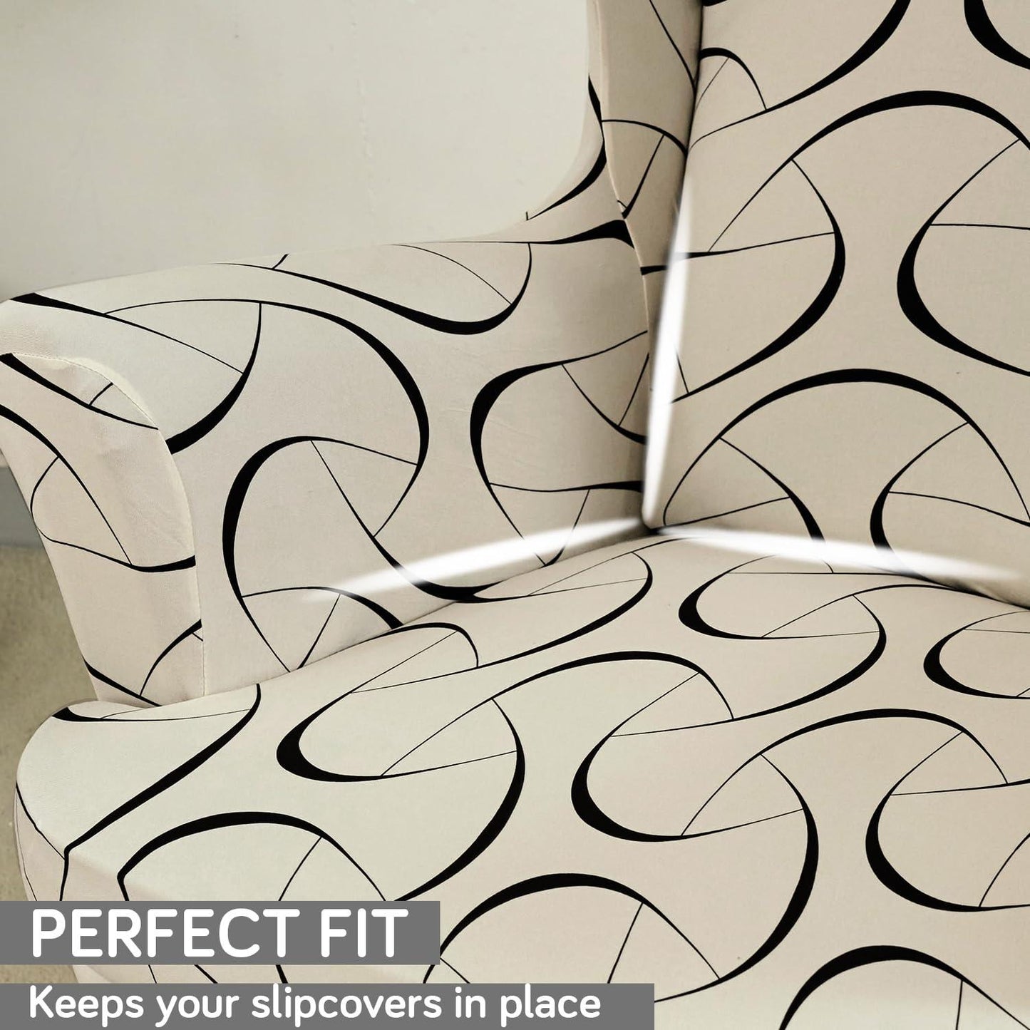 Natural Beige Abstract Art Elastic Wing Chair Covers