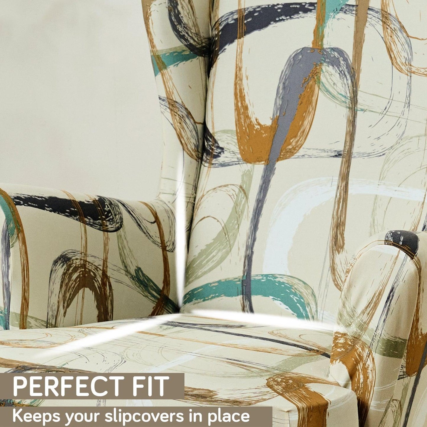 Parchement Beige Abstract Art Elastic Wing Chair Covers