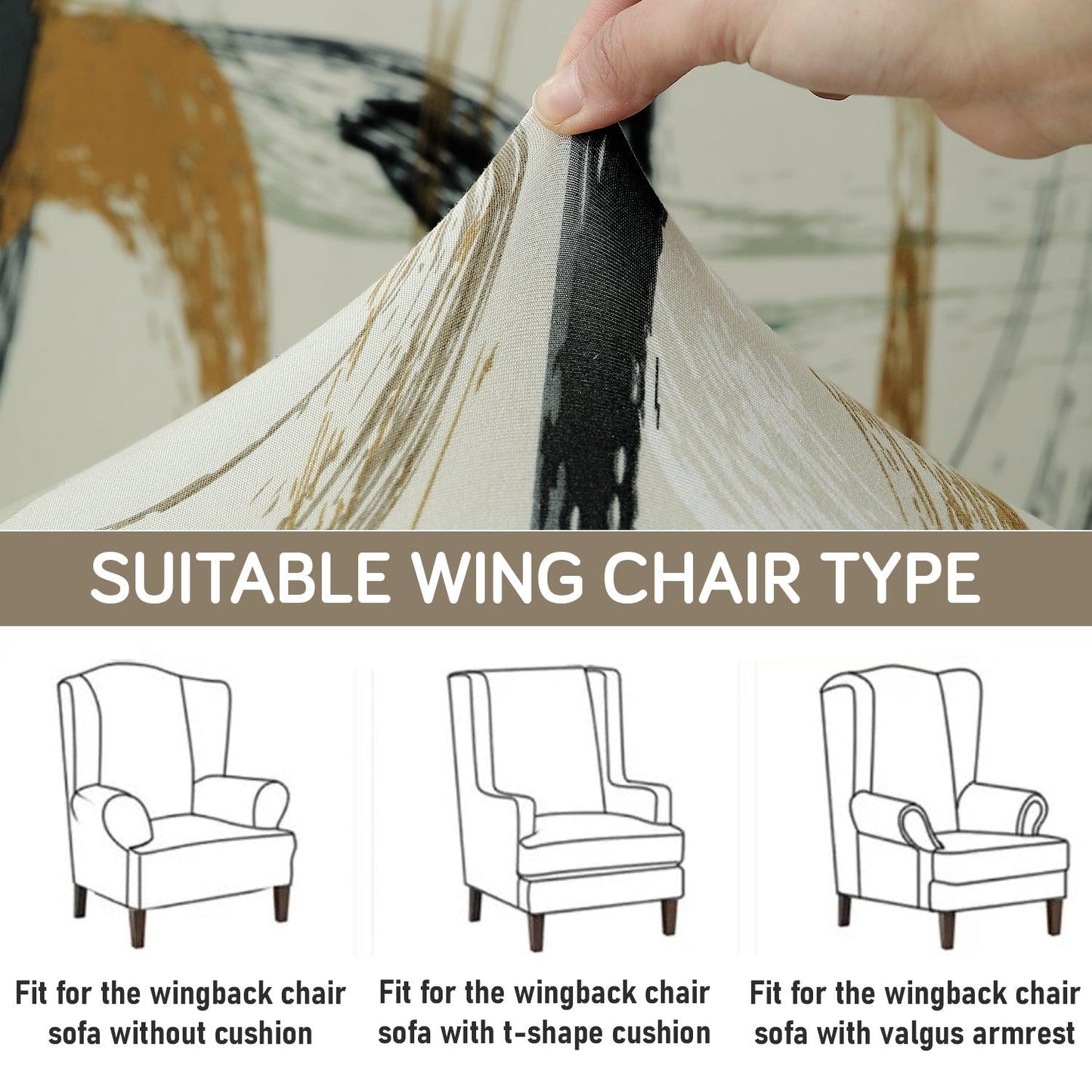 Parchement Beige Abstract Art Elastic Stretchable Chair Cover for Wingback Chair