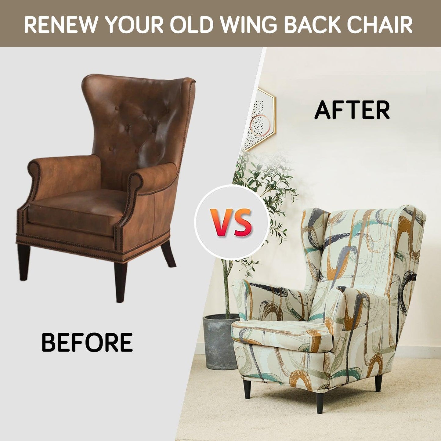 Parchement Beige Abstract Art stylish Elastic Wing Chair Cover