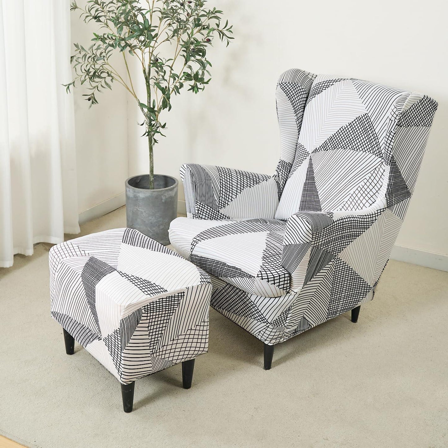 Buy Snow White Black Geometry Stretchable Wingback Chair & Footstool Cover