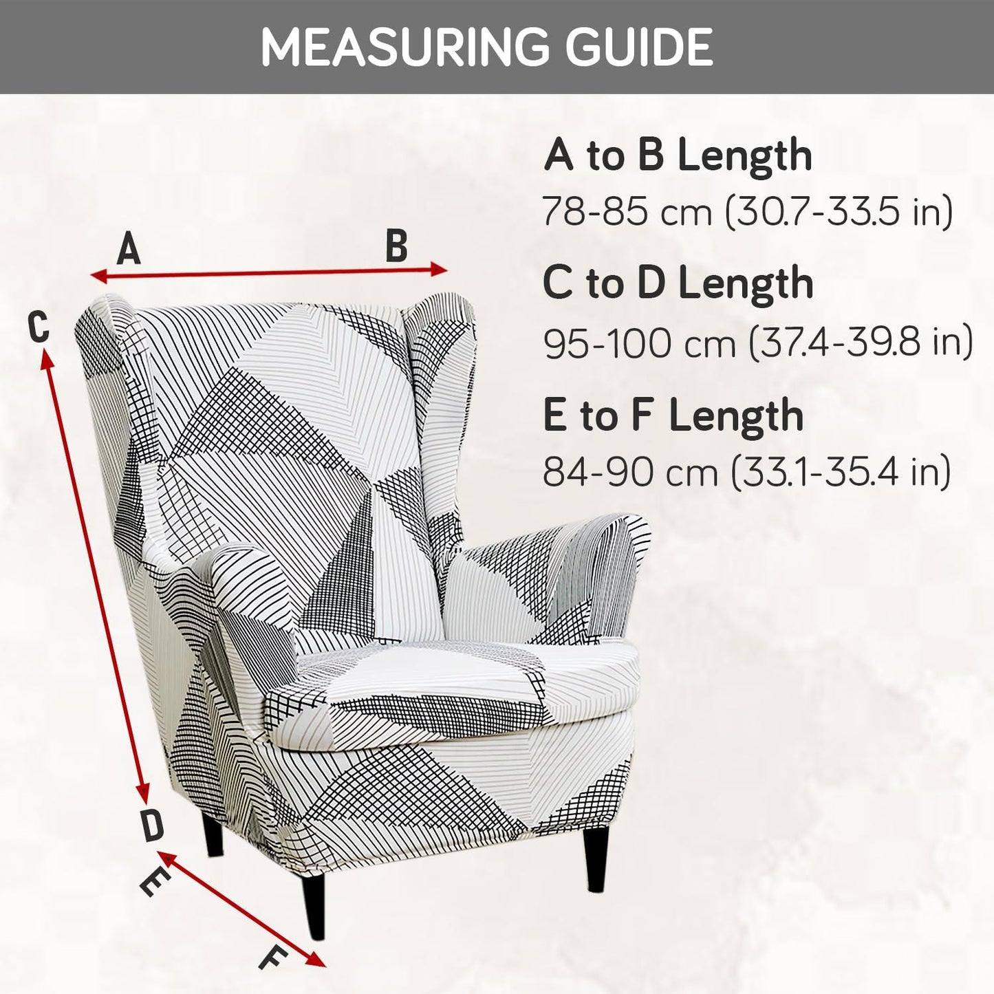 Snow White Black Geometry Stretchable Chair Cover for Wingback Chair size guide