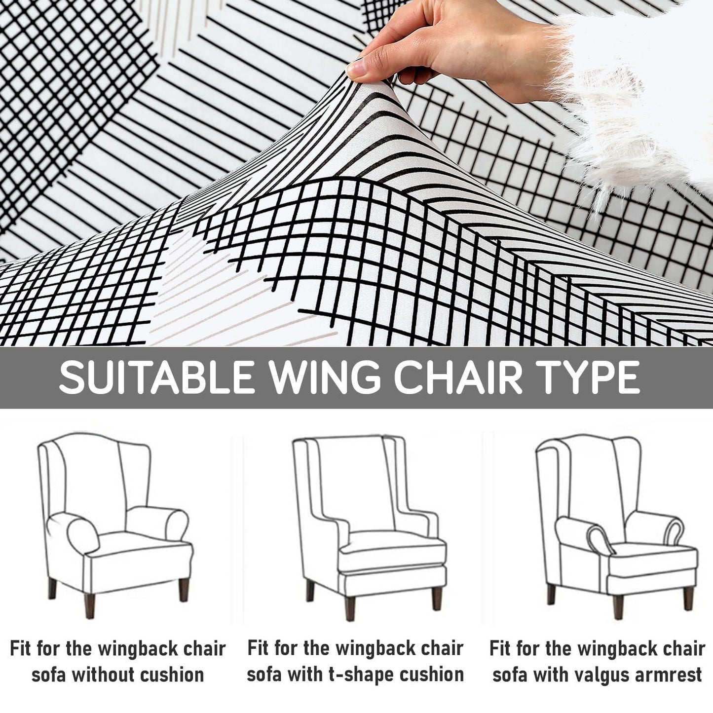 Snow White Black Geometry Stretchable Chair Cover for Wingback Chair