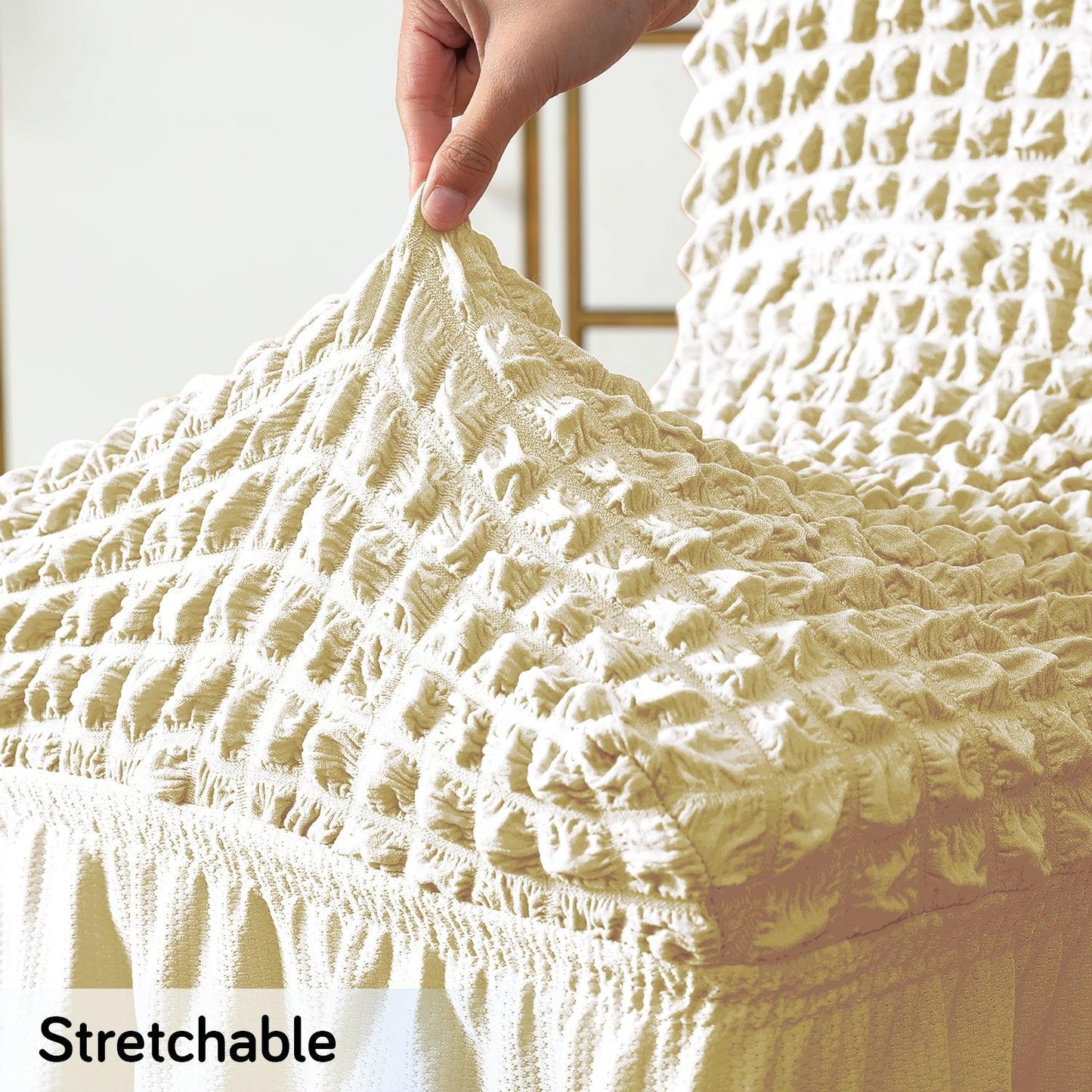 Stretchable 240 - 260 GSM Turkish Bubble Frill Dining Chair Cover Set of 1/2/4/6, Cream - HOKIPO | Har Ghar ka Humsafar