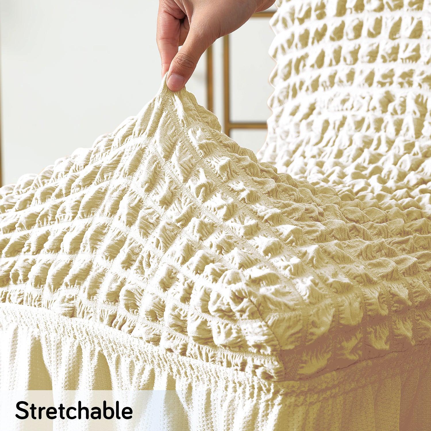 Stretchable 240 - 260 GSM Turkish Bubble Frill Dining Chair Cover Set of 1/2/4/6, Cream - HOKIPO | Har Ghar ka Humsafar