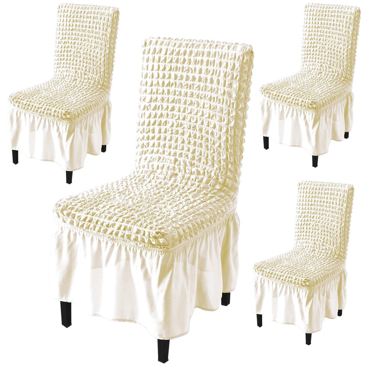 Stretchable 240 - 260 GSM Turkish Bubble Frill Dining Chair Cover Set of 1/2/4/6, Cream - HOKIPO | Har Ghar ka Humsafar