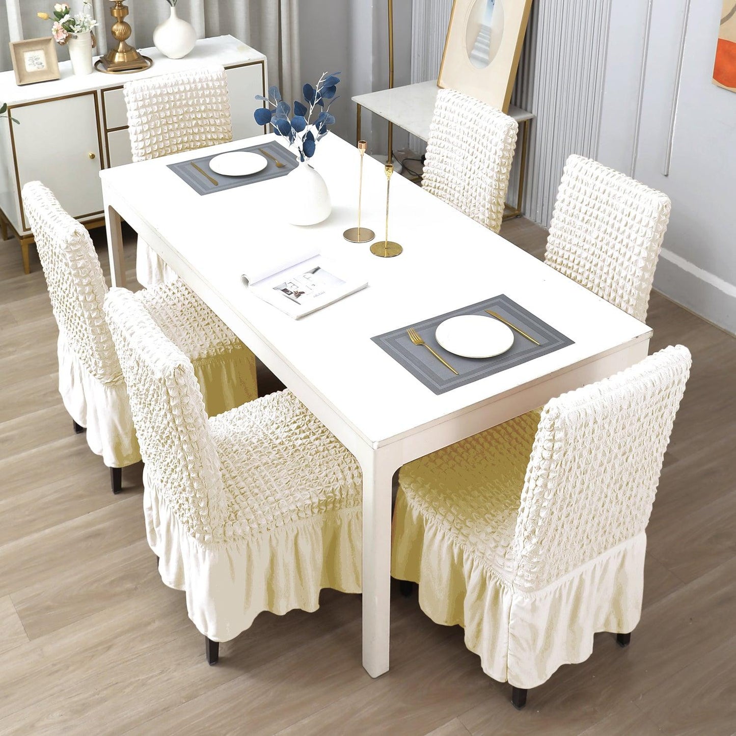 Stretchable 240 - 260 GSM Turkish Bubble Frill Dining Chair Cover Set of 1/2/4/6, Cream - HOKIPO | Har Ghar ka Humsafar
