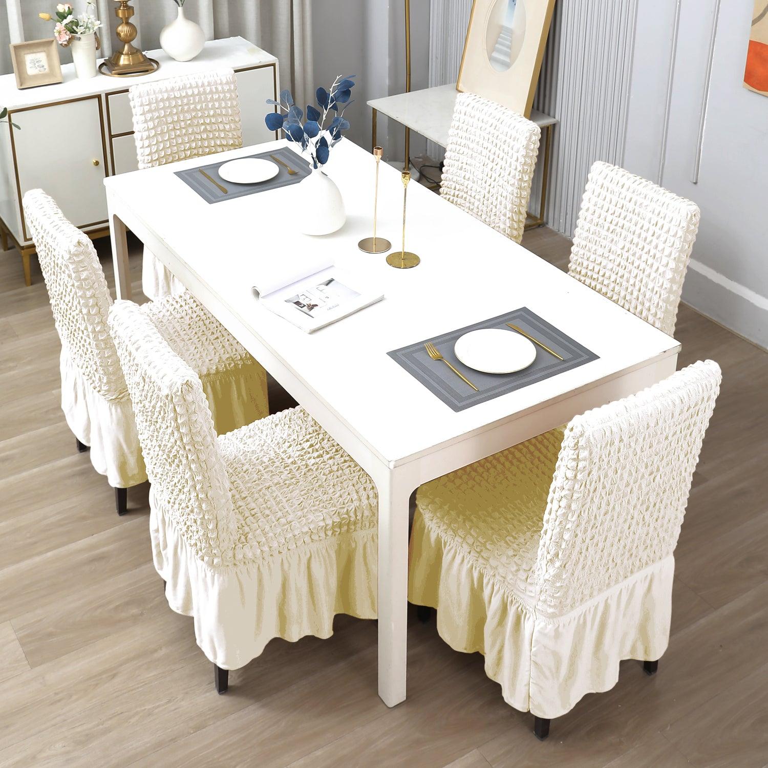 Stretchable 240 - 260 GSM Turkish Bubble Frill Dining Chair Cover Set of 1/2/4/6, Cream - HOKIPO | Har Ghar ka Humsafar