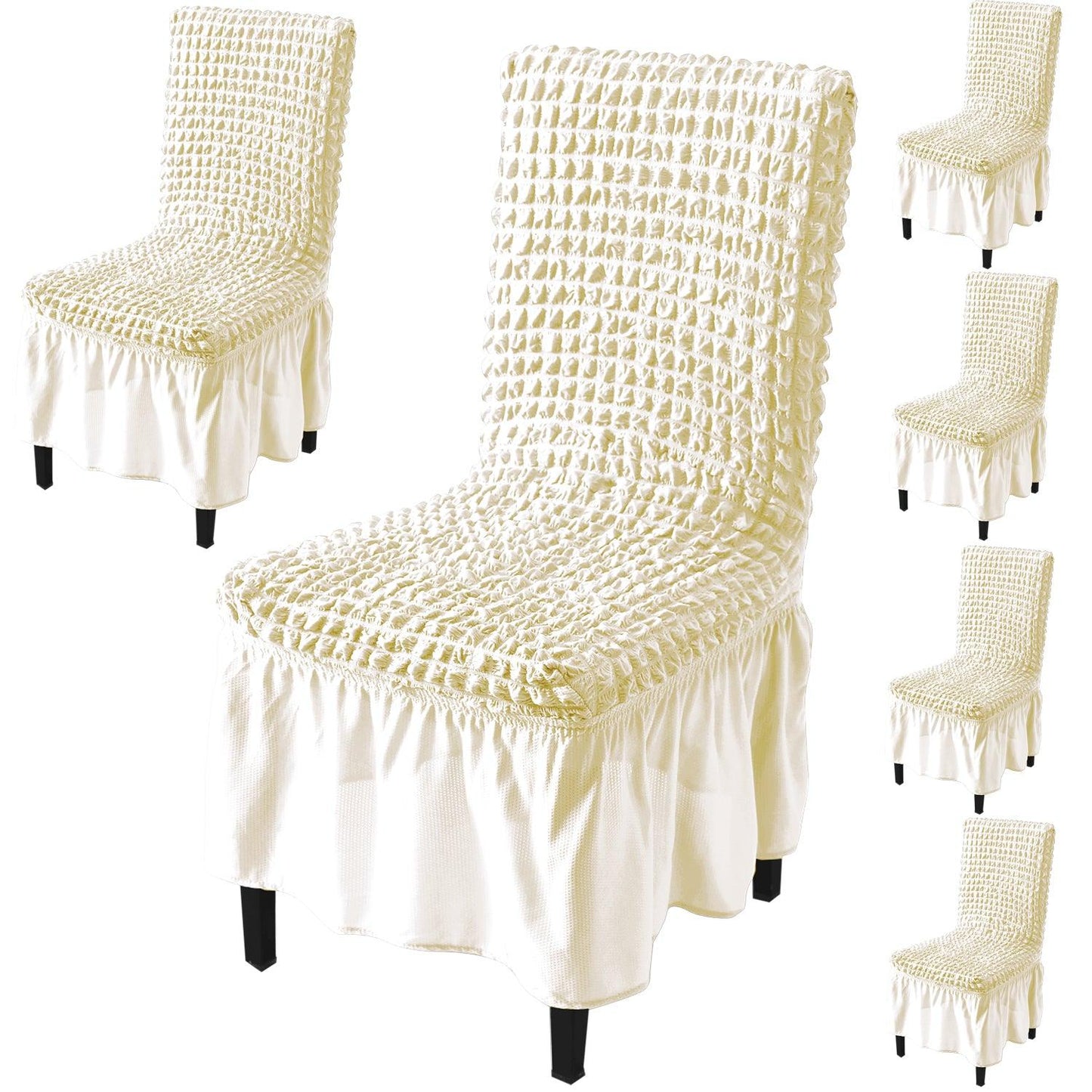 Stretchable 240 - 260 GSM Turkish Bubble Frill Dining Chair Cover Set of 1/2/4/6, Cream - HOKIPO | Har Ghar ka Humsafar