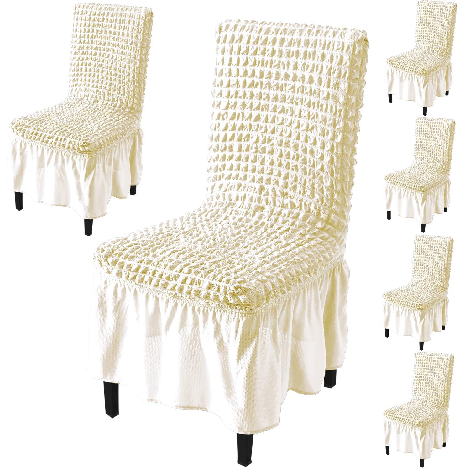 Stretchable 240 - 260 GSM Turkish Bubble Frill Dining Chair Cover Set of 1/2/4/6, Cream - HOKIPO | Har Ghar ka Humsafar