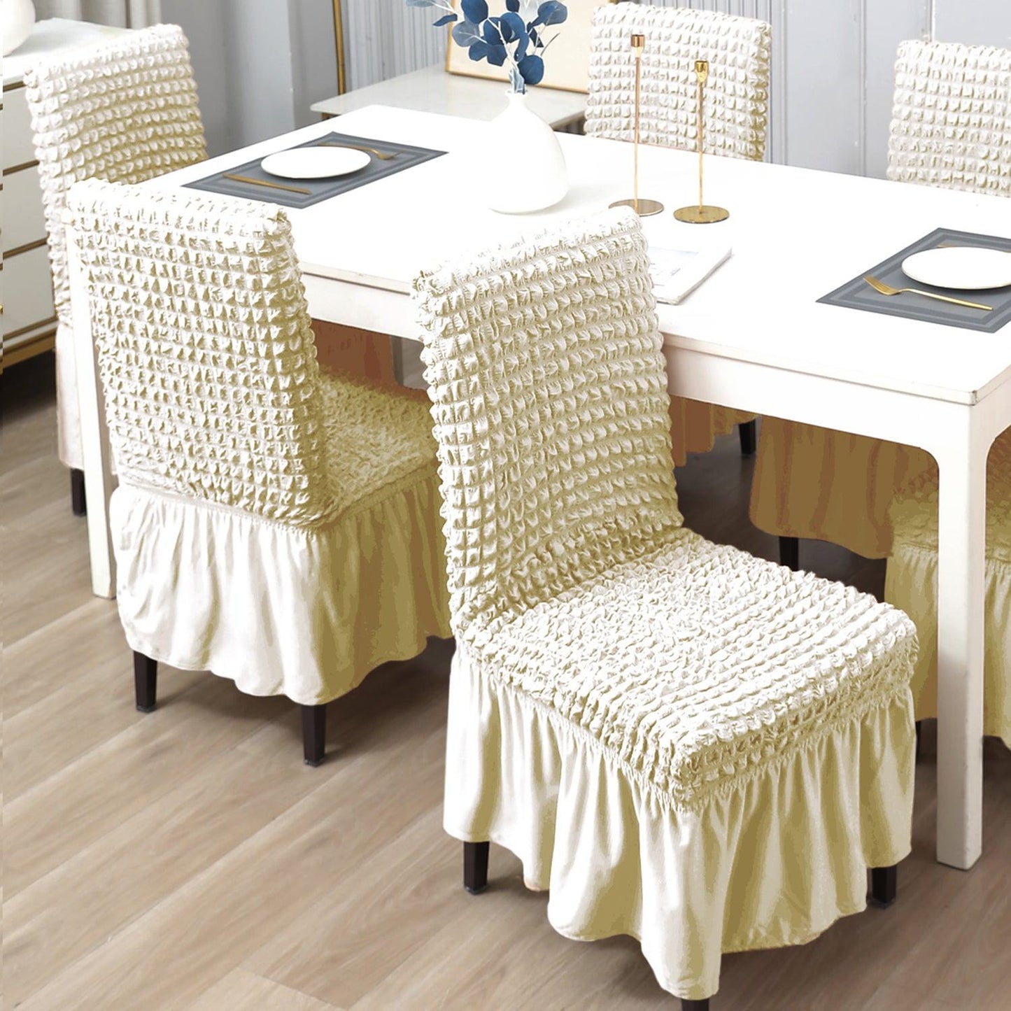 Stretchable 240 - 260 GSM Turkish Bubble Frill Dining Chair Cover Set of 1/2/4/6, Cream - HOKIPO | Har Ghar ka Humsafar