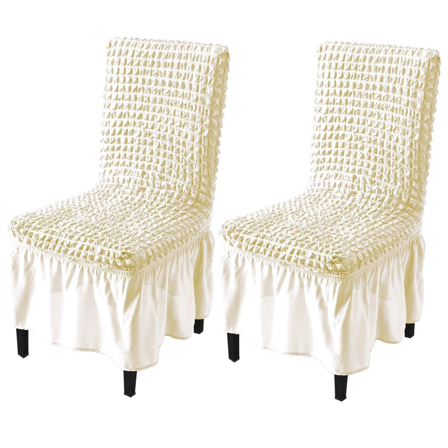 Stretchable 240 - 260 GSM Turkish Bubble Frill Dining Chair Cover Set of 1/2/4/6, Cream - HOKIPO | Har Ghar ka Humsafar