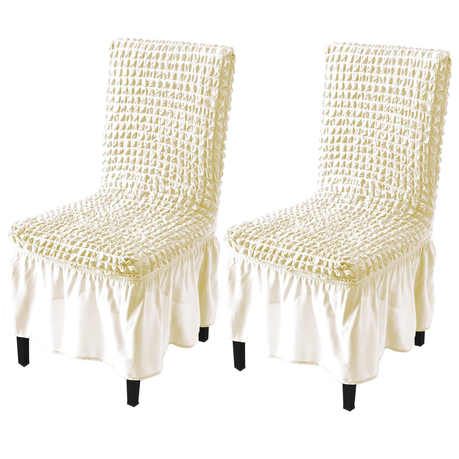 Stretchable 240 - 260 GSM Turkish Bubble Frill Dining Chair Cover Set of 1/2/4/6, Cream - HOKIPO | Har Ghar ka Humsafar