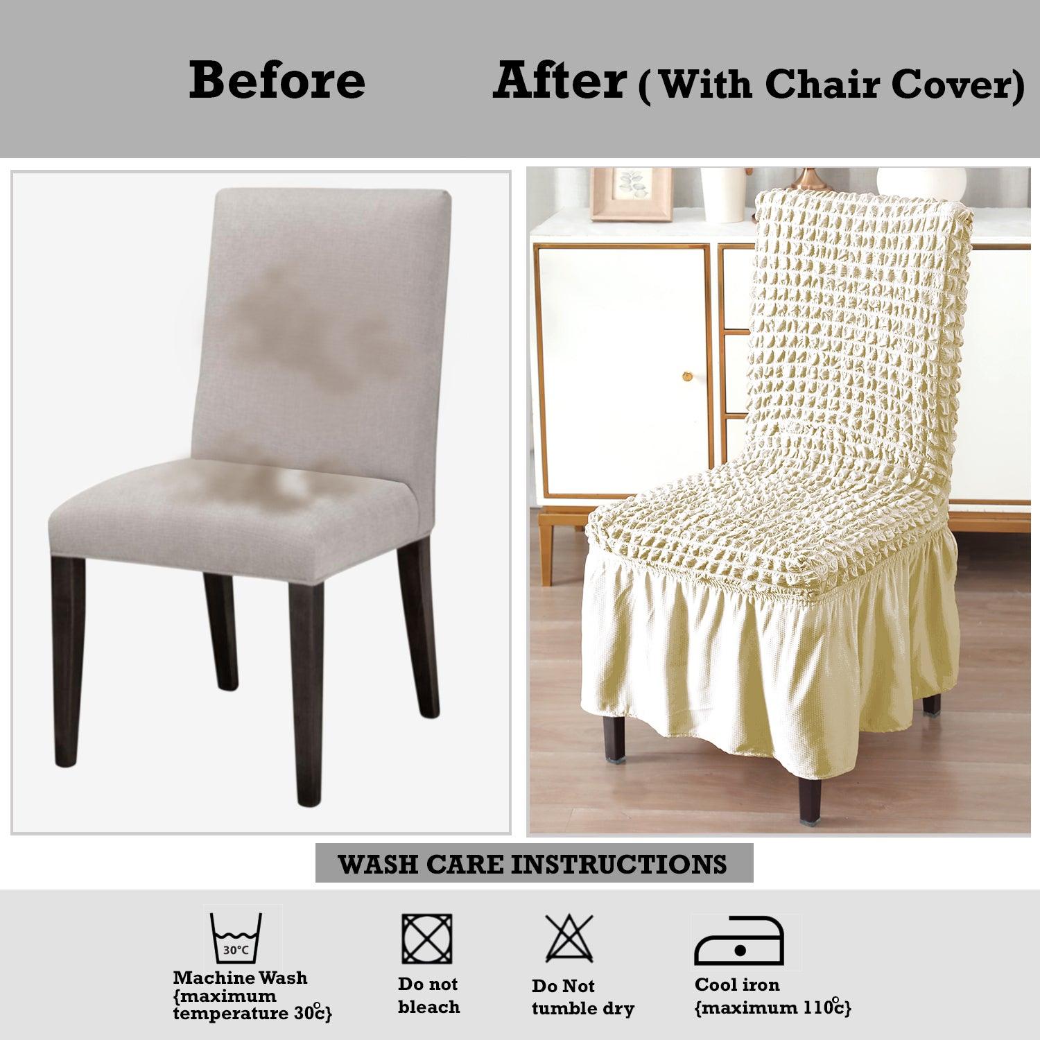 Stretchable 240 - 260 GSM Turkish Bubble Frill Dining Chair Cover Set of 1/2/4/6, Cream - HOKIPO | Har Ghar ka Humsafar
