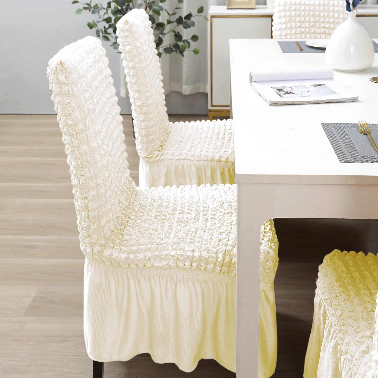 Stretchable 240 - 260 GSM Turkish Bubble Frill Dining Chair Cover Set of 1/2/4/6, Cream - HOKIPO | Har Ghar ka Humsafar