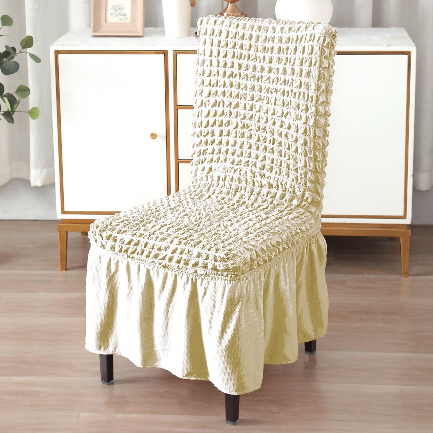 Stretchable 240 - 260 GSM Turkish Bubble Frill Dining Chair Cover Set of 1/2/4/6, Cream - HOKIPO | Har Ghar ka Humsafar