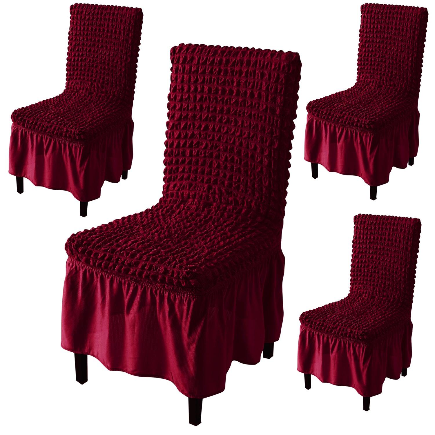 Stretchable 240 - 260 GSM Turkish Bubble Frill Dining Chair Cover Set of 1/2/4/6, Wine - HOKIPO | Har Ghar ka Humsafar