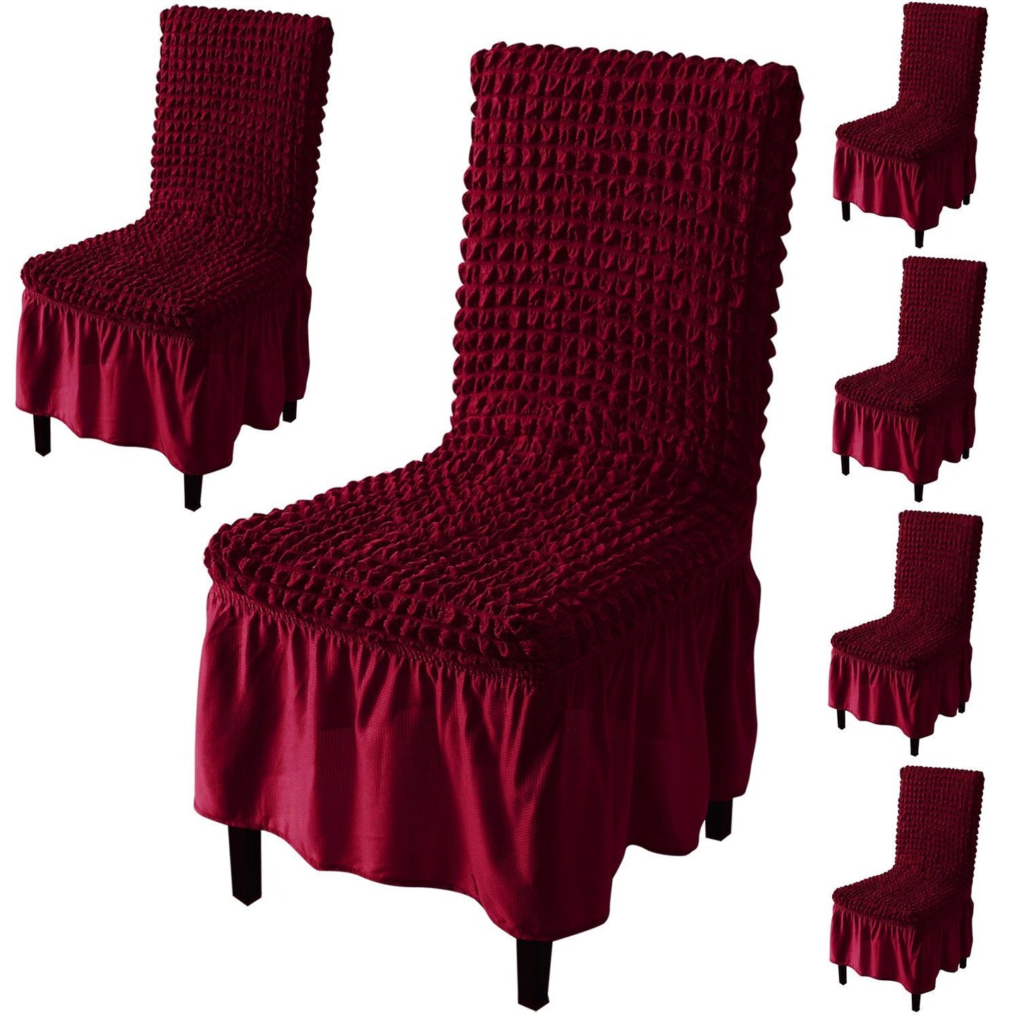 Stretchable 240 - 260 GSM Turkish Bubble Frill Dining Chair Cover Set of 1/2/4/6, Wine - HOKIPO | Har Ghar ka Humsafar