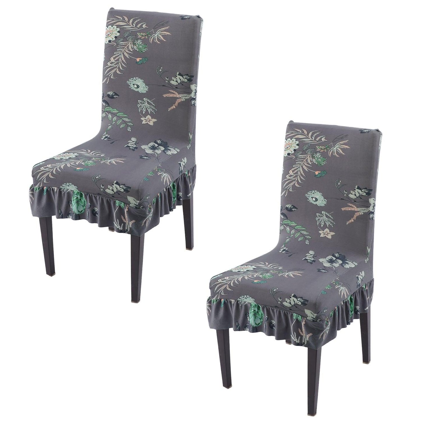 Stretchable Frill Chair Cover Set of 1/2/4/6, Bentonite Grey Budding Florals - HOKIPO | Har Ghar ka Humsafar