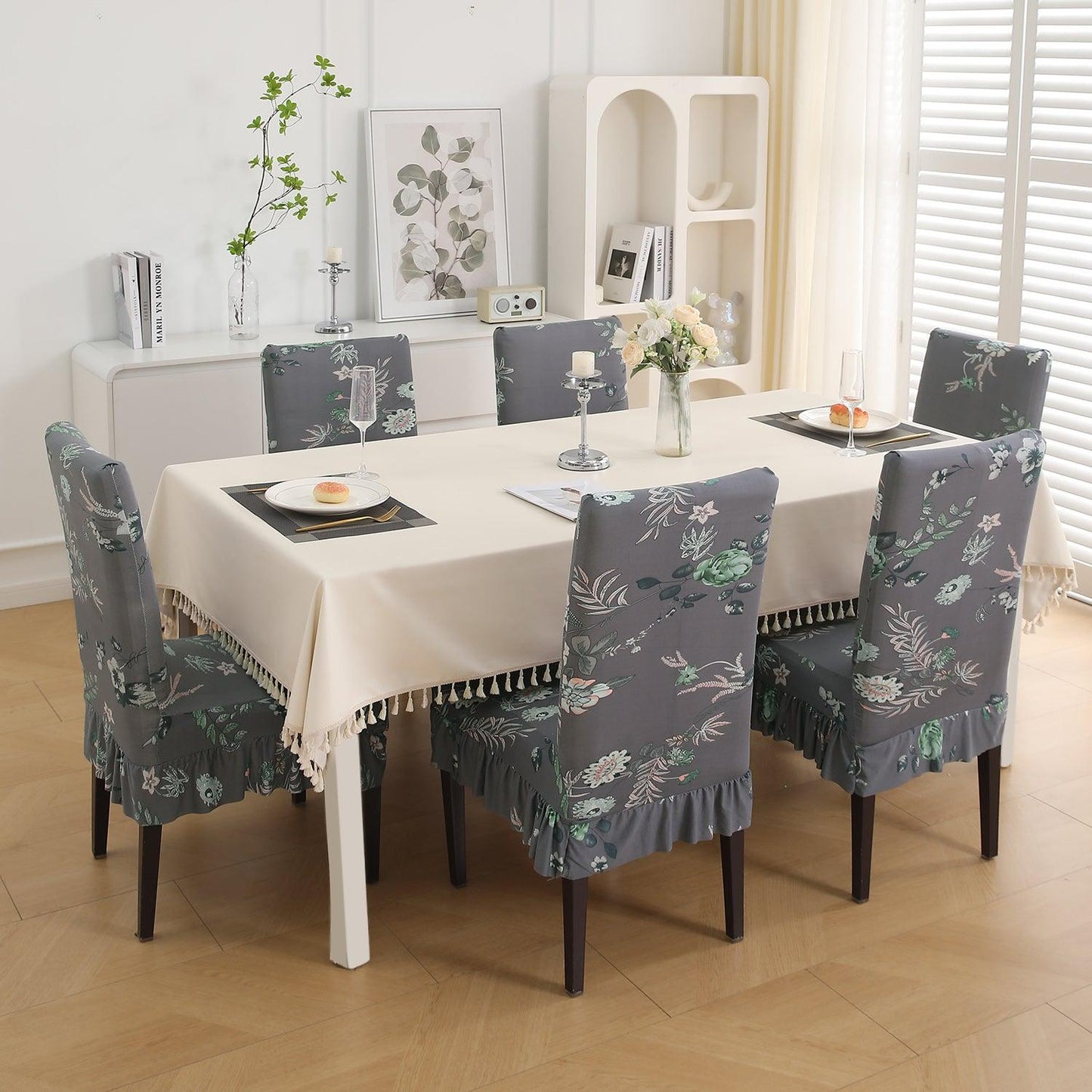 Stretchable Frill Chair Cover Set of 1/2/4/6, Bentonite Grey Budding Florals - HOKIPO | Har Ghar ka Humsafar