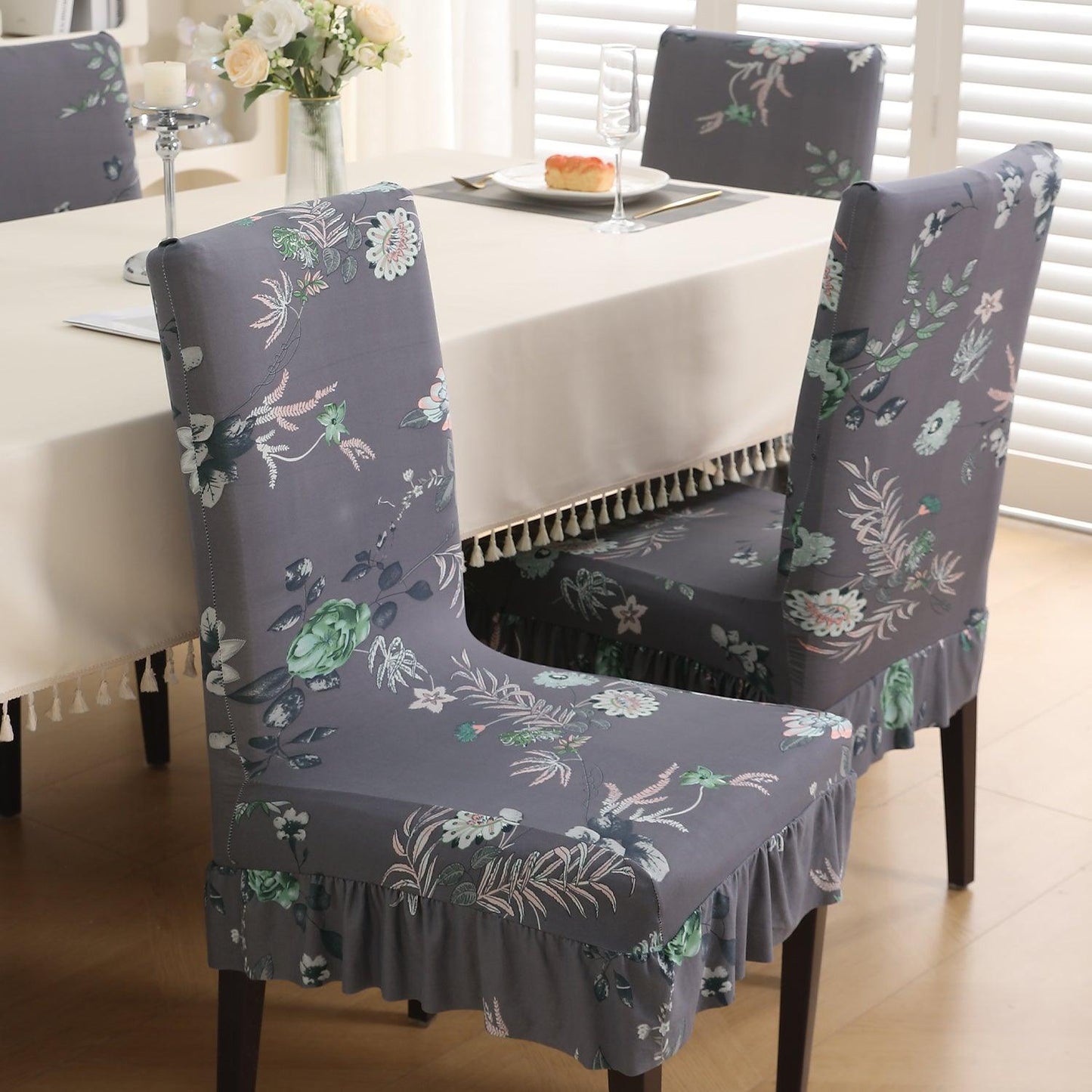 Stretchable Frill Chair Cover Set of 1/2/4/6, Bentonite Grey Budding Florals - HOKIPO | Har Ghar ka Humsafar