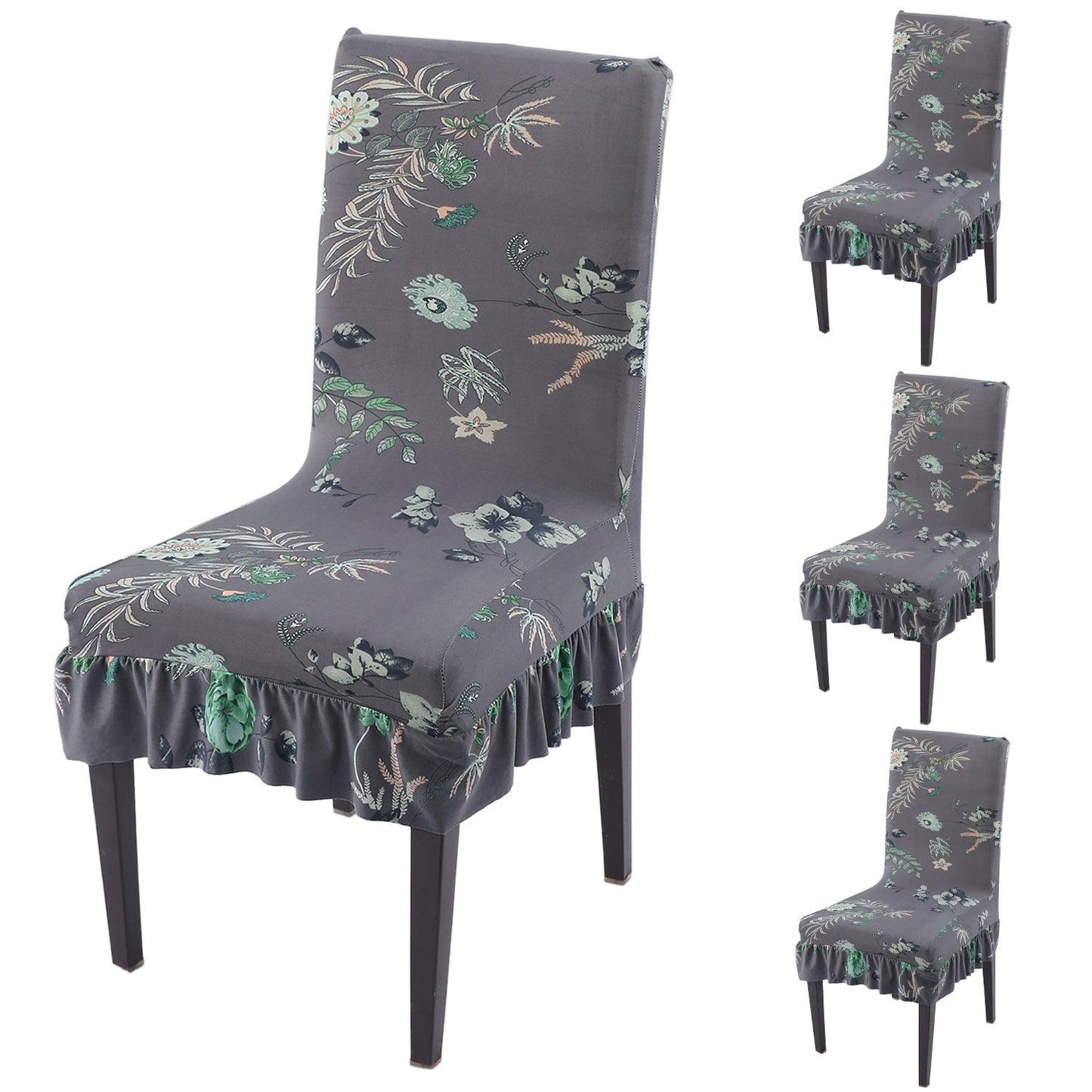 Stretchable Frill Chair Cover Set of 1/2/4/6, Bentonite Grey Budding Florals - HOKIPO | Har Ghar ka Humsafar