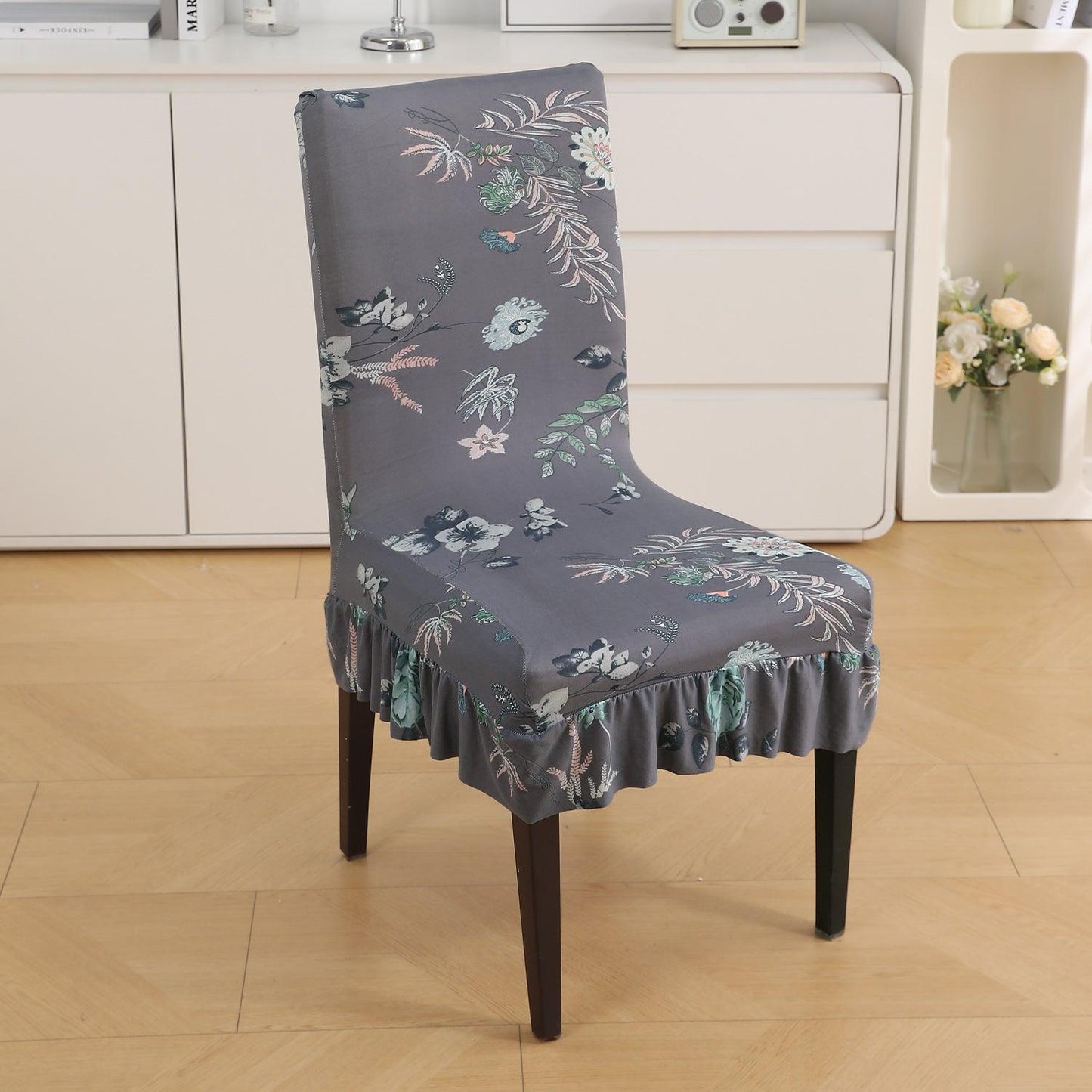 Stretchable Frill Chair Cover Set of 1/2/4/6, Bentonite Grey Budding Florals - HOKIPO | Har Ghar ka Humsafar