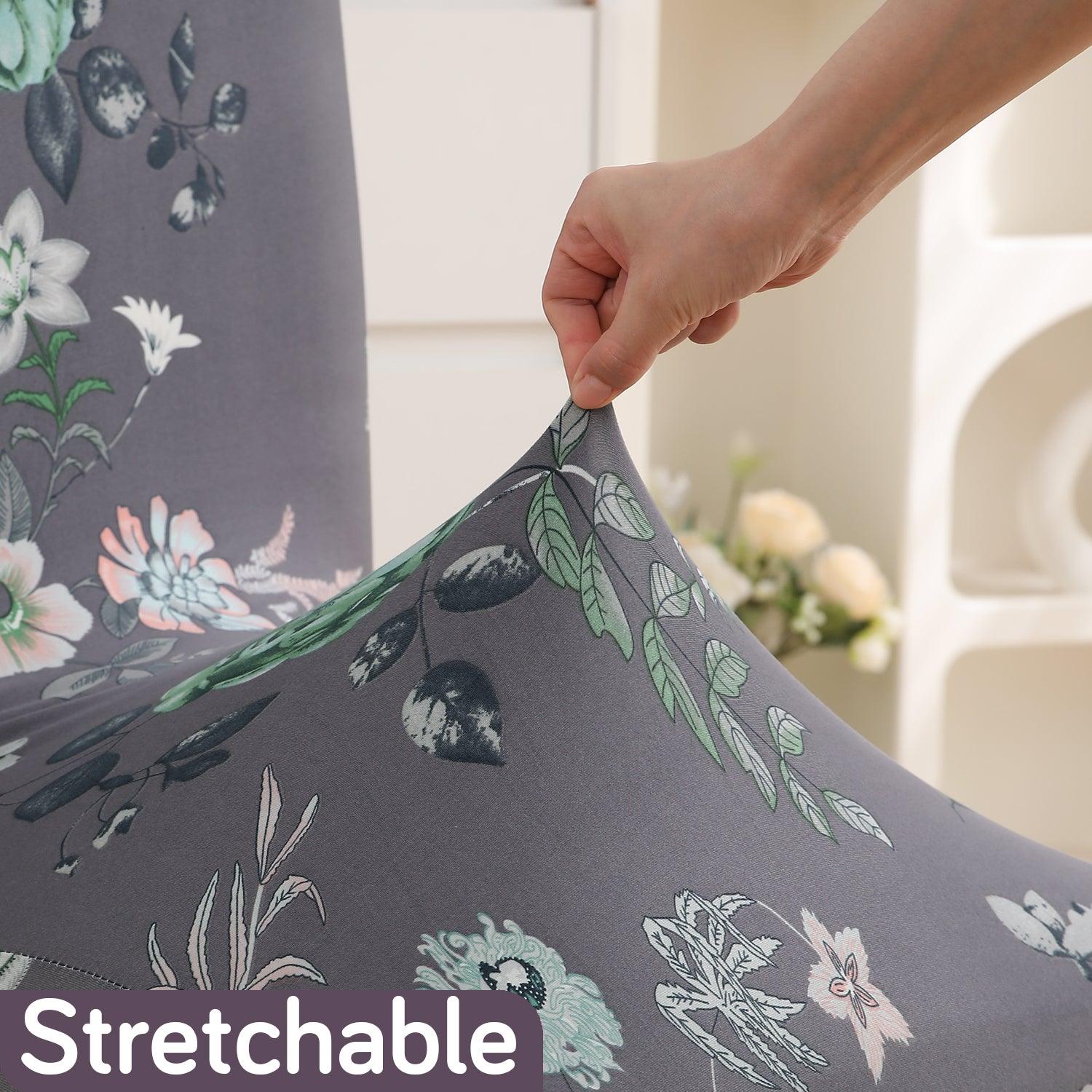 Stretchable Frill Chair Cover Set of 1/2/4/6, Bentonite Grey Budding Florals - HOKIPO | Har Ghar ka Humsafar
