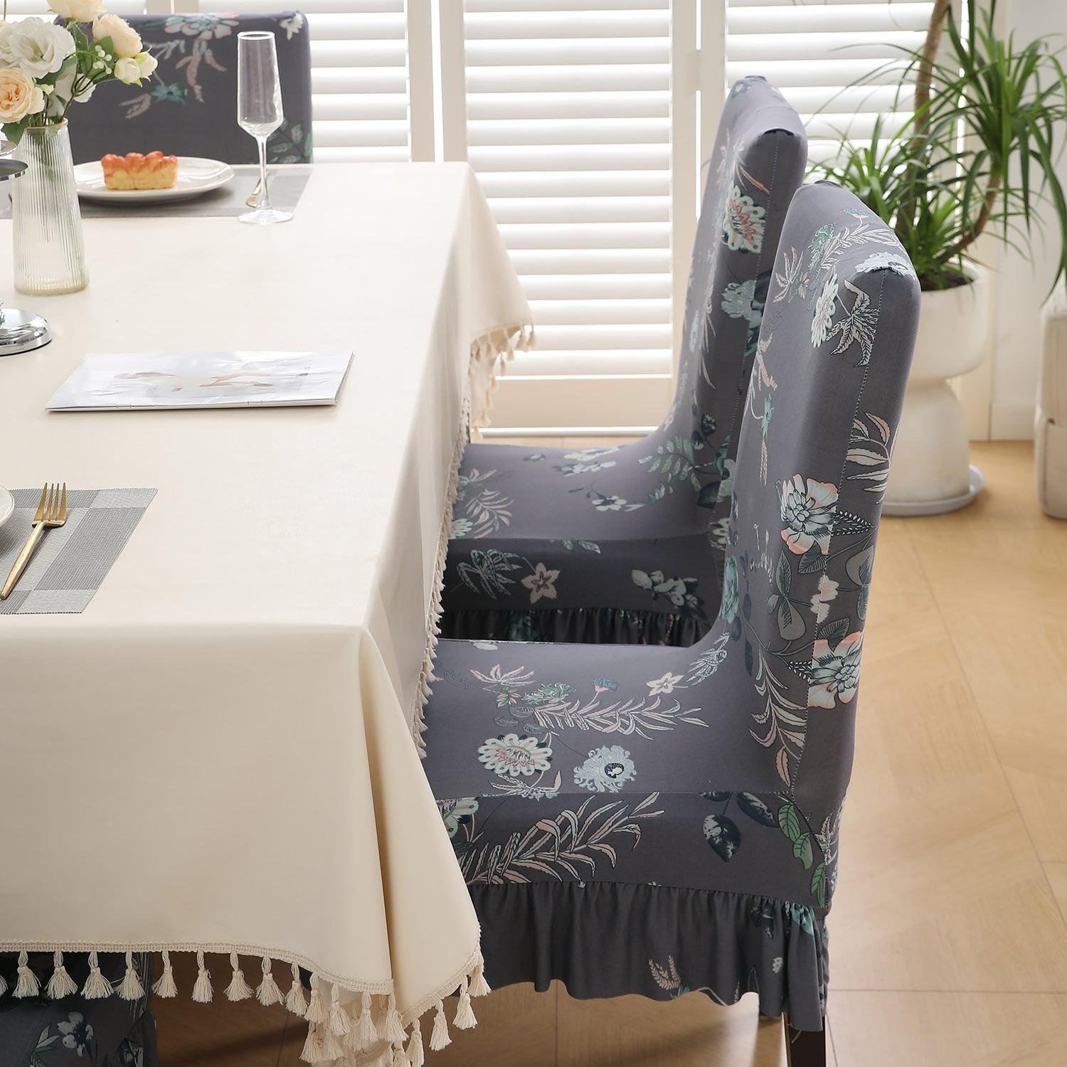 Stretchable Frill Chair Cover Set of 1/2/4/6, Bentonite Grey Budding Florals - HOKIPO | Har Ghar ka Humsafar