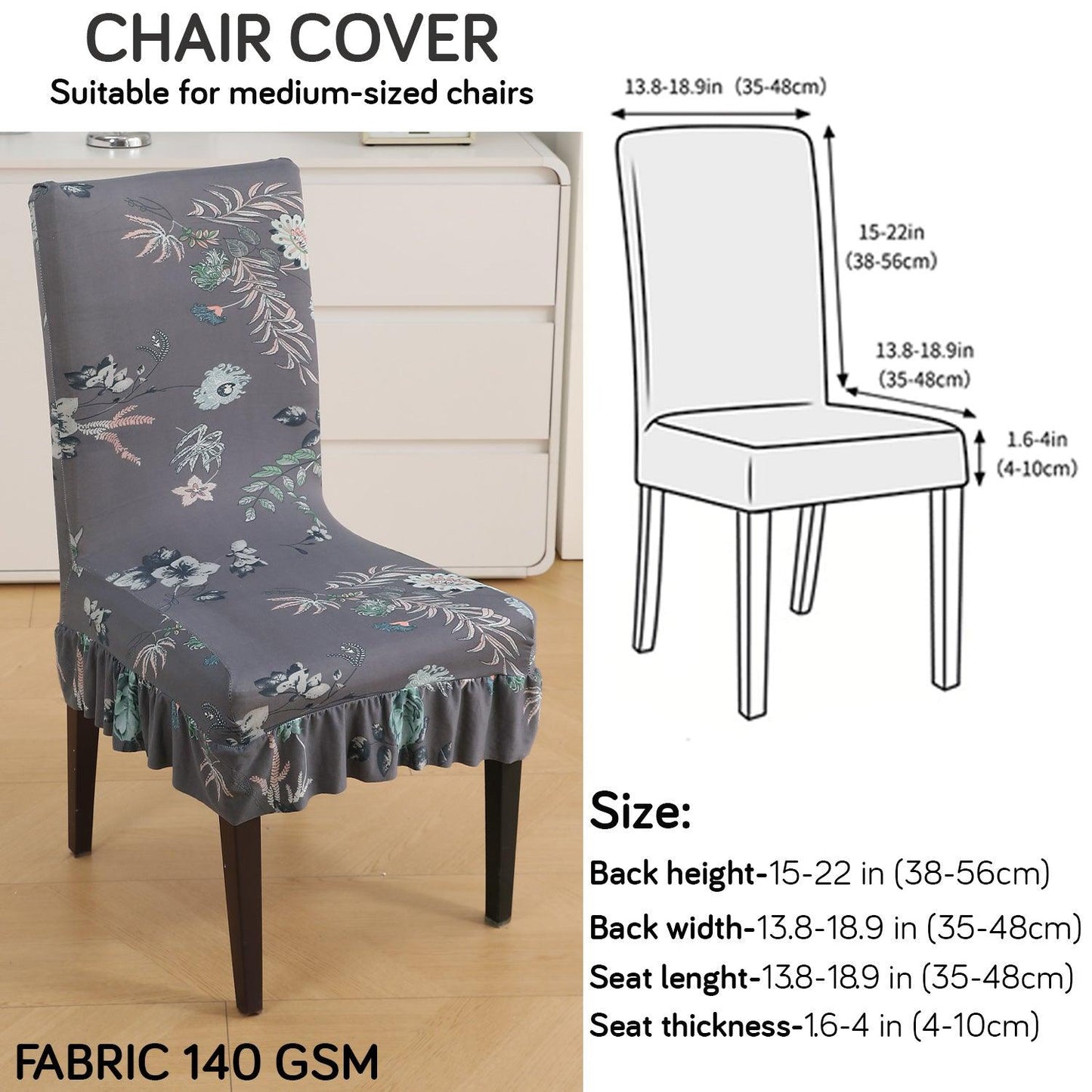 Stretchable Frill Chair Cover Set of 1/2/4/6, Bentonite Grey Budding Florals - HOKIPO | Har Ghar ka Humsafar
