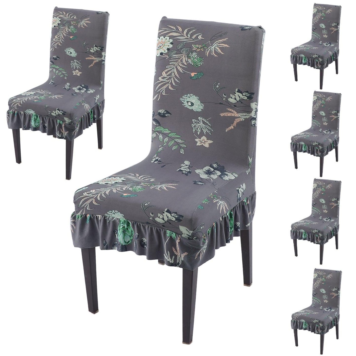 Stretchable Frill Chair Cover Set of 1/2/4/6, Bentonite Grey Budding Florals - HOKIPO | Har Ghar ka Humsafar