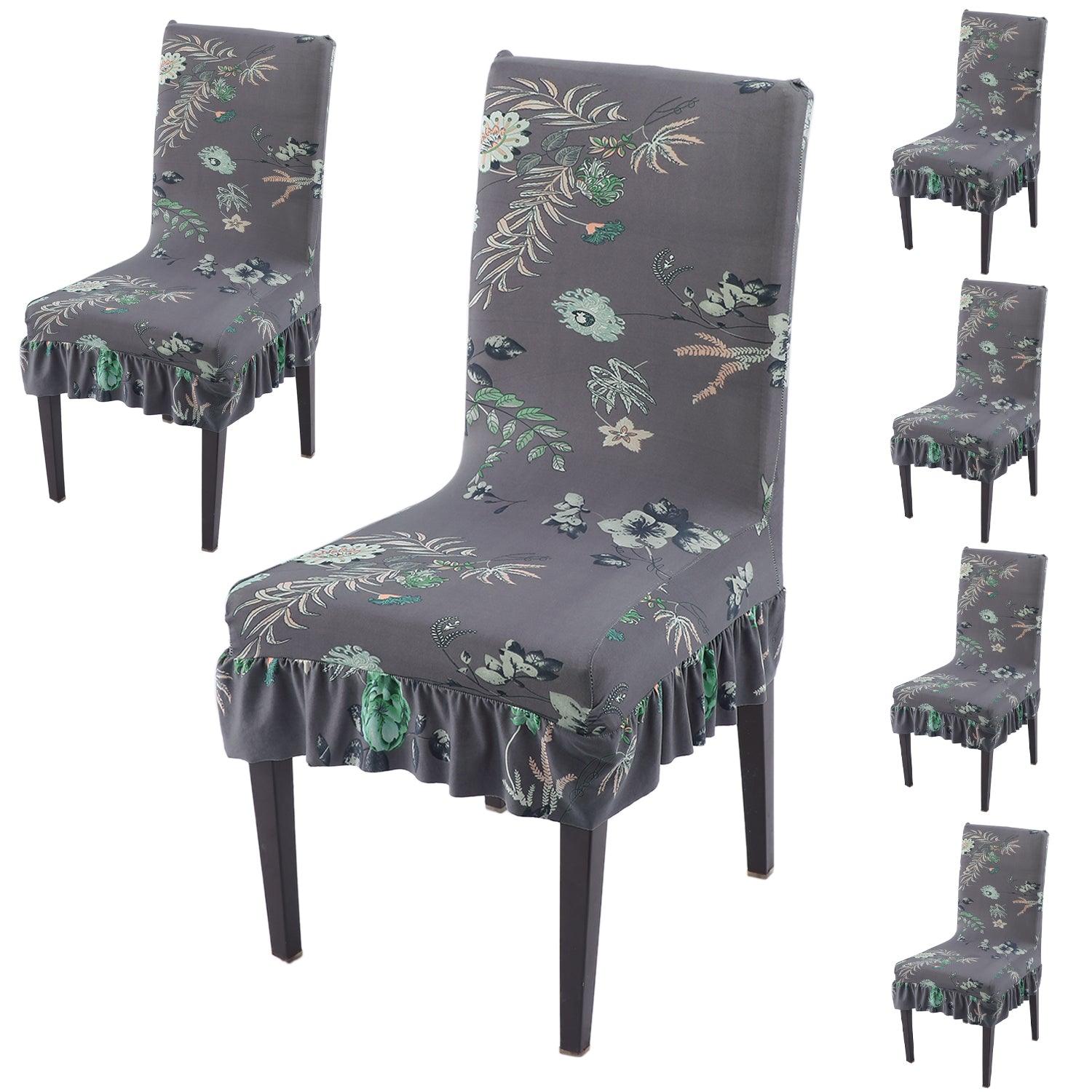 Stretchable Frill Chair Cover Set of 1/2/4/6, Bentonite Grey Budding Florals - HOKIPO | Har Ghar ka Humsafar