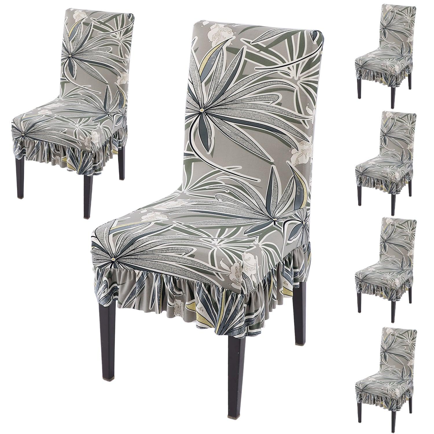 Stretchable Frill Chair Cover Set of 1/2/4/6, Frost Grey Marginata - HOKIPO | Har Ghar ka Humsafar